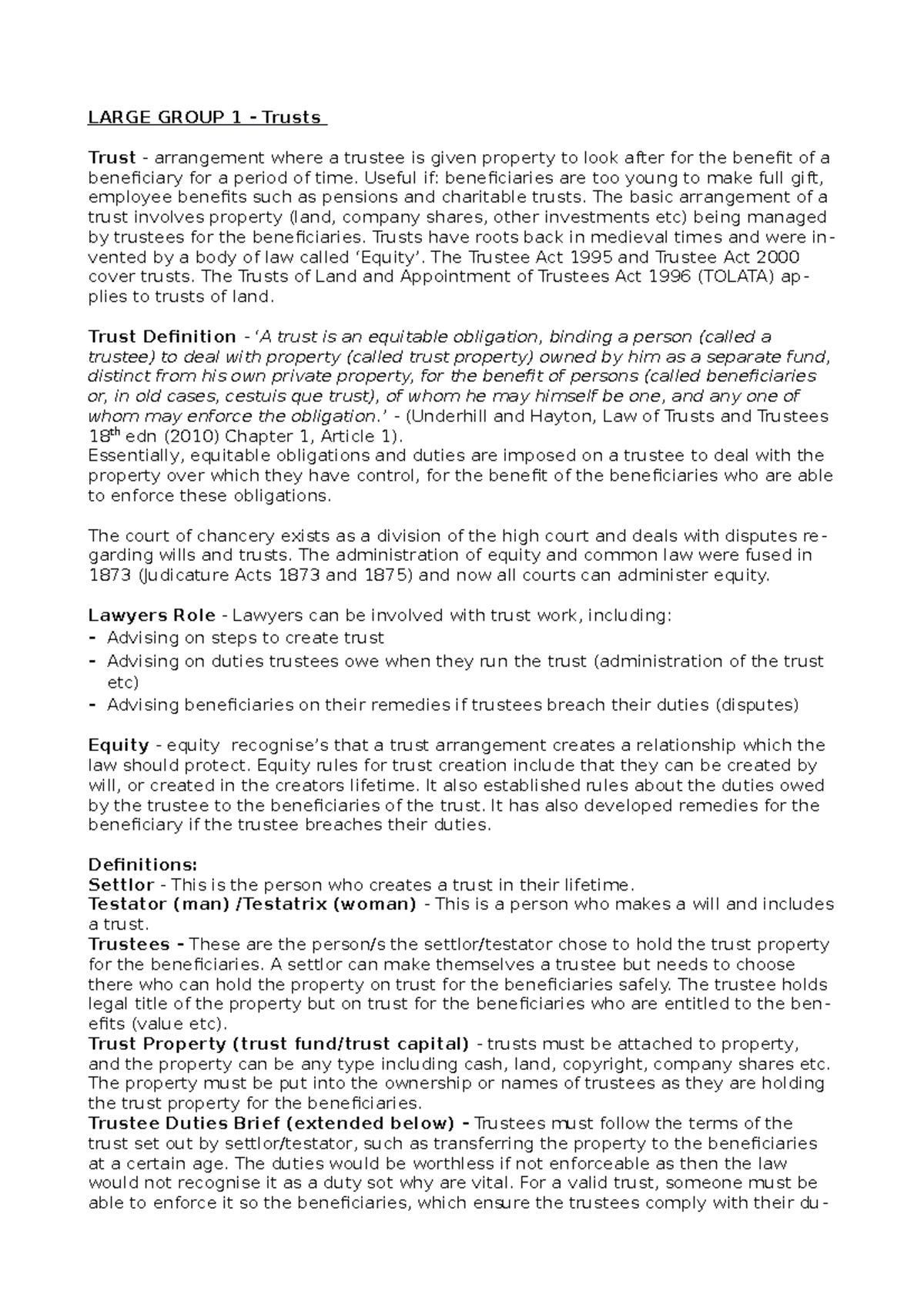Equity LG 1 Notes - LARGE GROUP 1 - Trusts Trust - arrangement where a ...