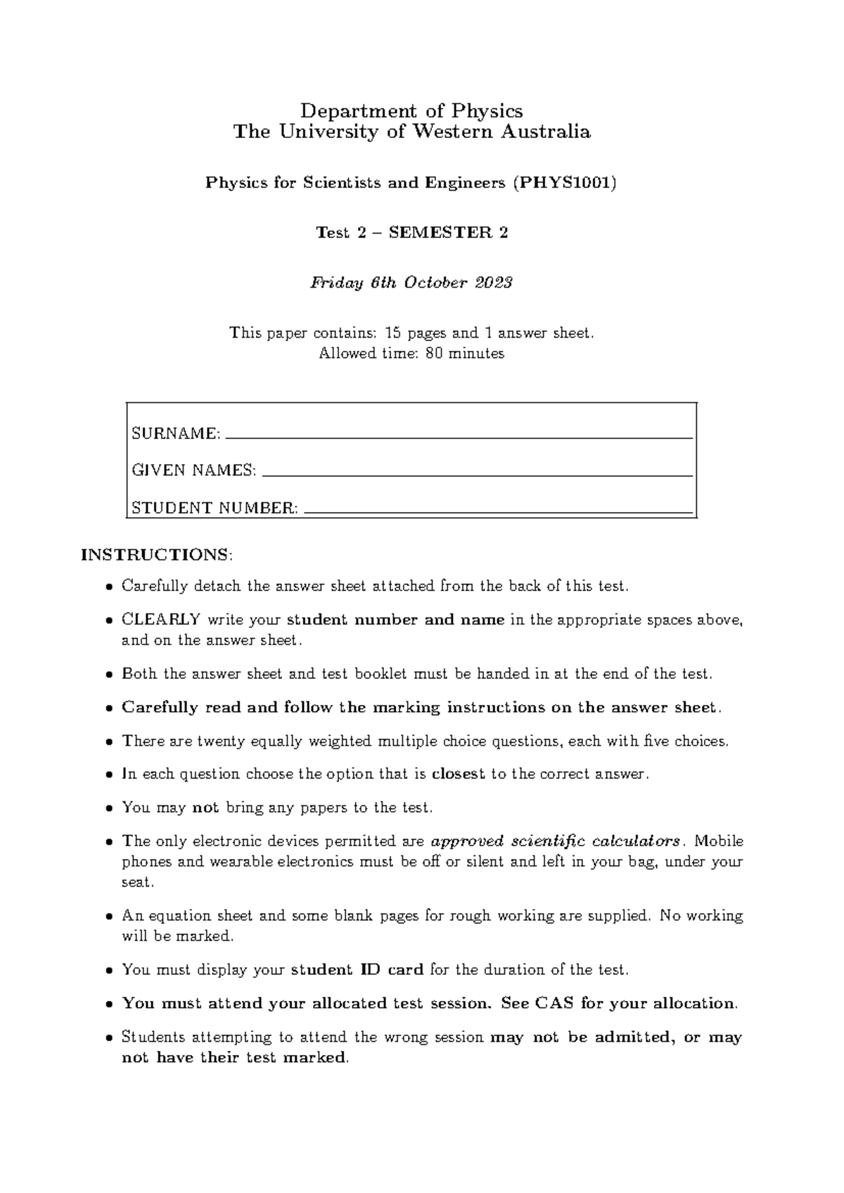 PHYS1001 Test 2 Sem 2 2023 Solutions - Department of Physics The ...