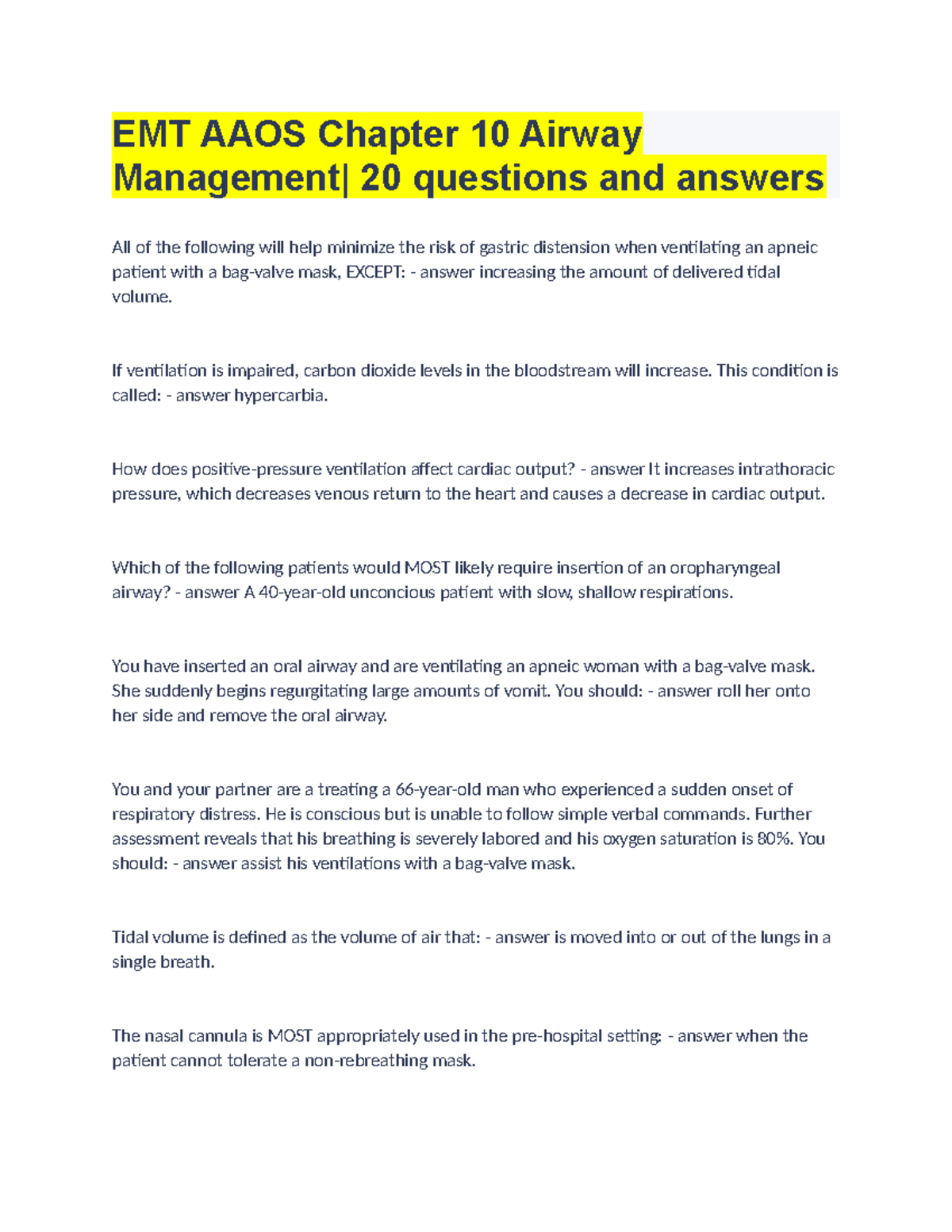 EMT AAOS Chapter 10 Airway Management 20 Questions And Answers - If ...