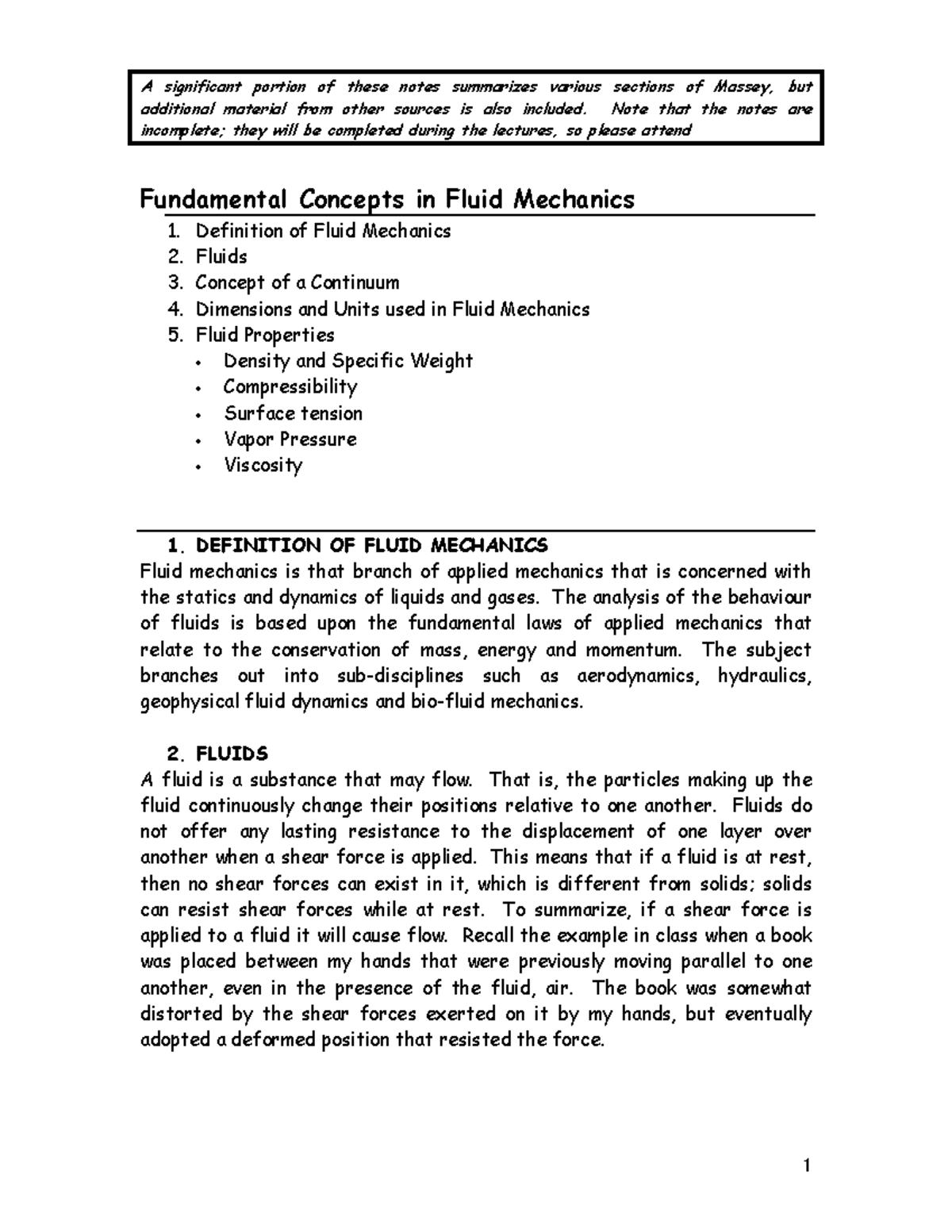 Fundamentals Concepts Of Fluid - A Significant Portion Of These Notes ...