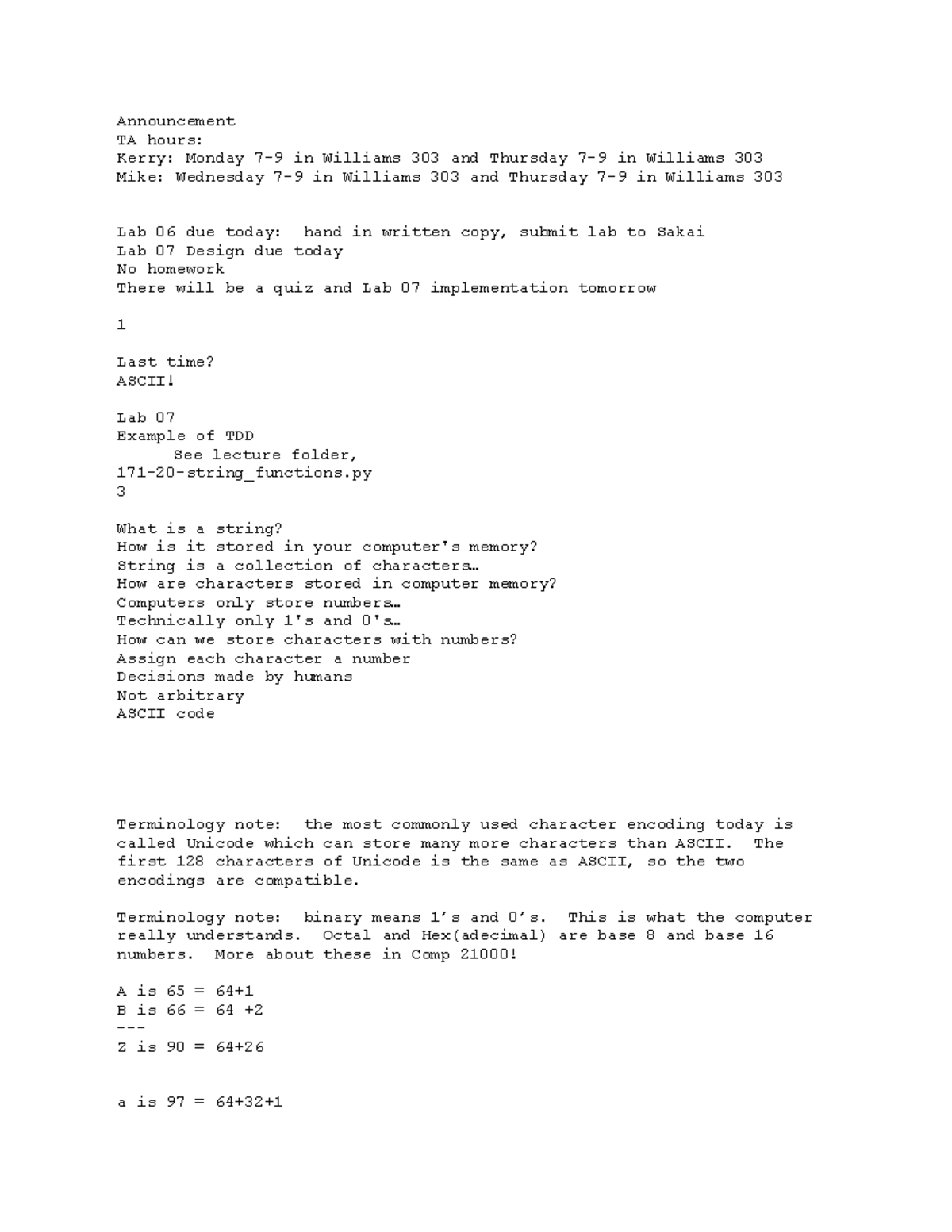 171 Lab 06 Ascii - Professor barr - Announcement TA hours: Kerry ...