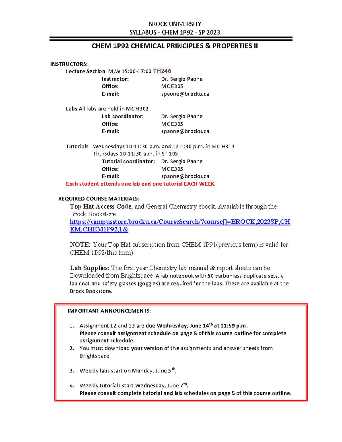 Spring 2023 Syllabus Copy BROCK UNIVERSITY SYLLABUS CHEM 1P92