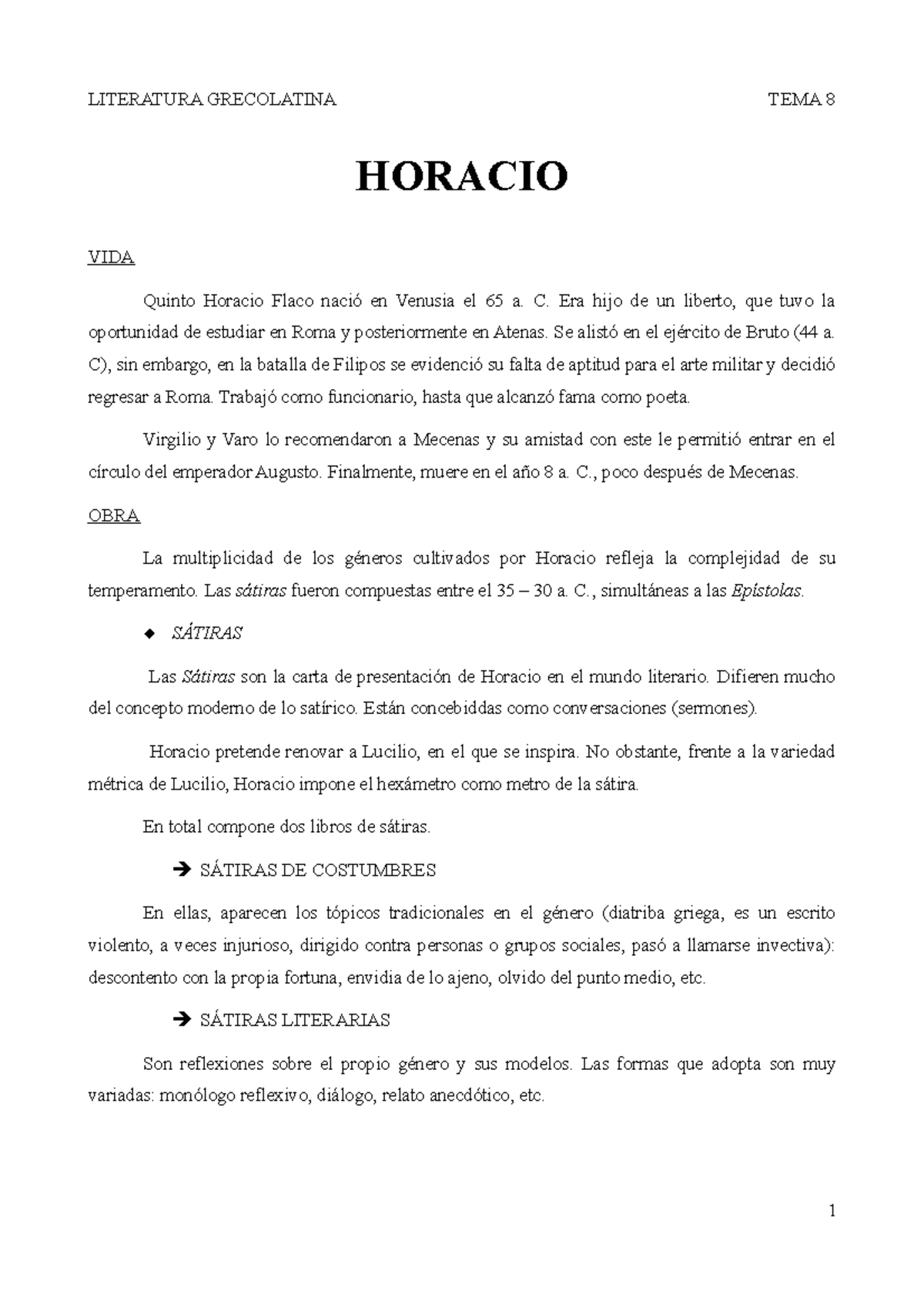 Tema 8 greco Latina Horacio LITERATURA GRECOLATINA TEMA 8 HORACIO