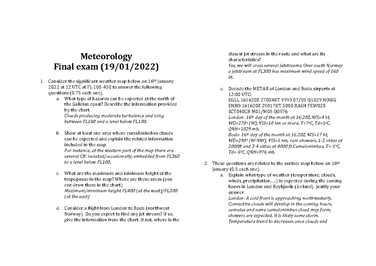 Final 21 22 QT sol - Meteorology Final exam (19/01/2022) Consider the ...