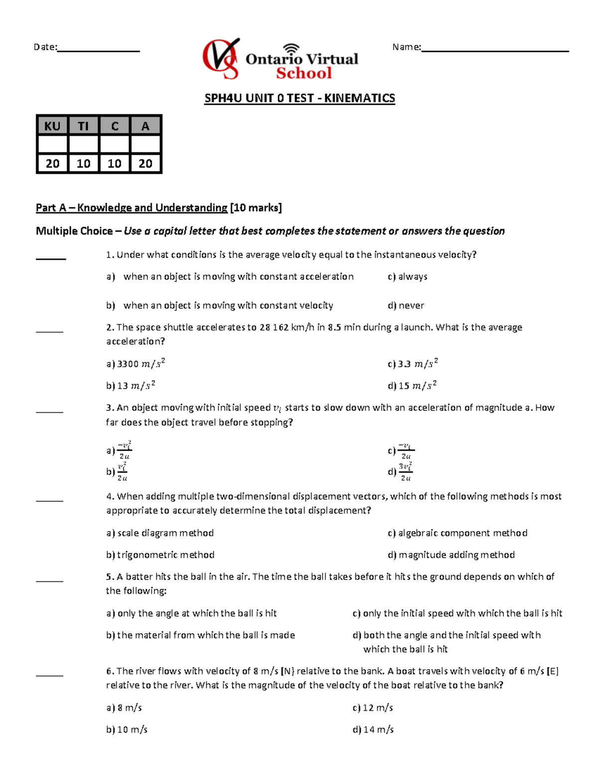 1610735400- Kinematics TEST 2021 - SPH4U UNIT 0 TEST - KINEMATICS KU TI ...