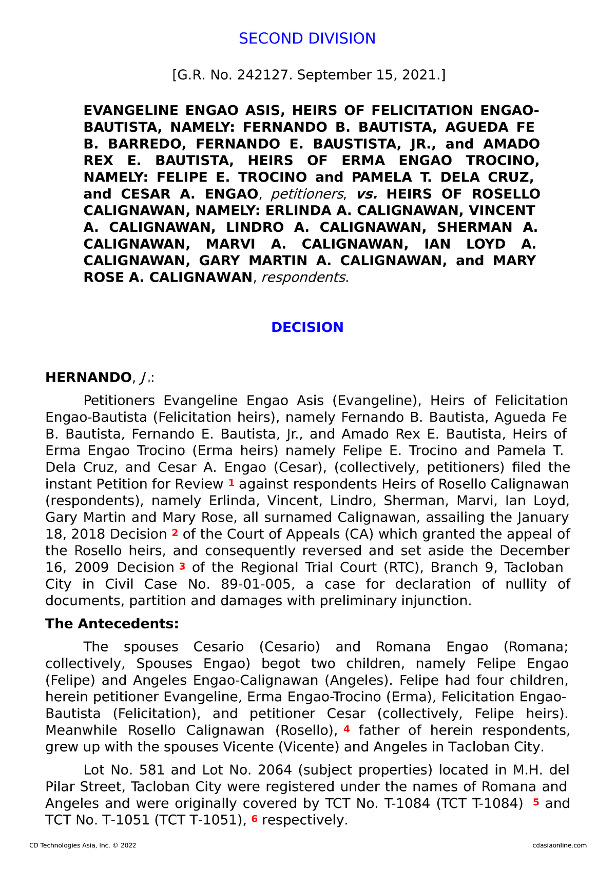 Asis v. Heirs of Calignawan - SECOND DIVISION [G. No. 242127. September ...