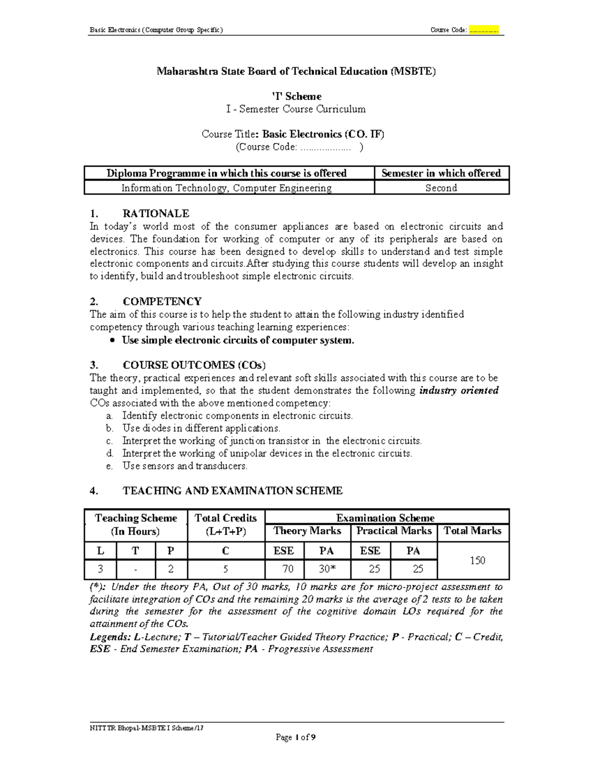 Basic electronics - IF) (Course Code: ................... ) Diploma ...