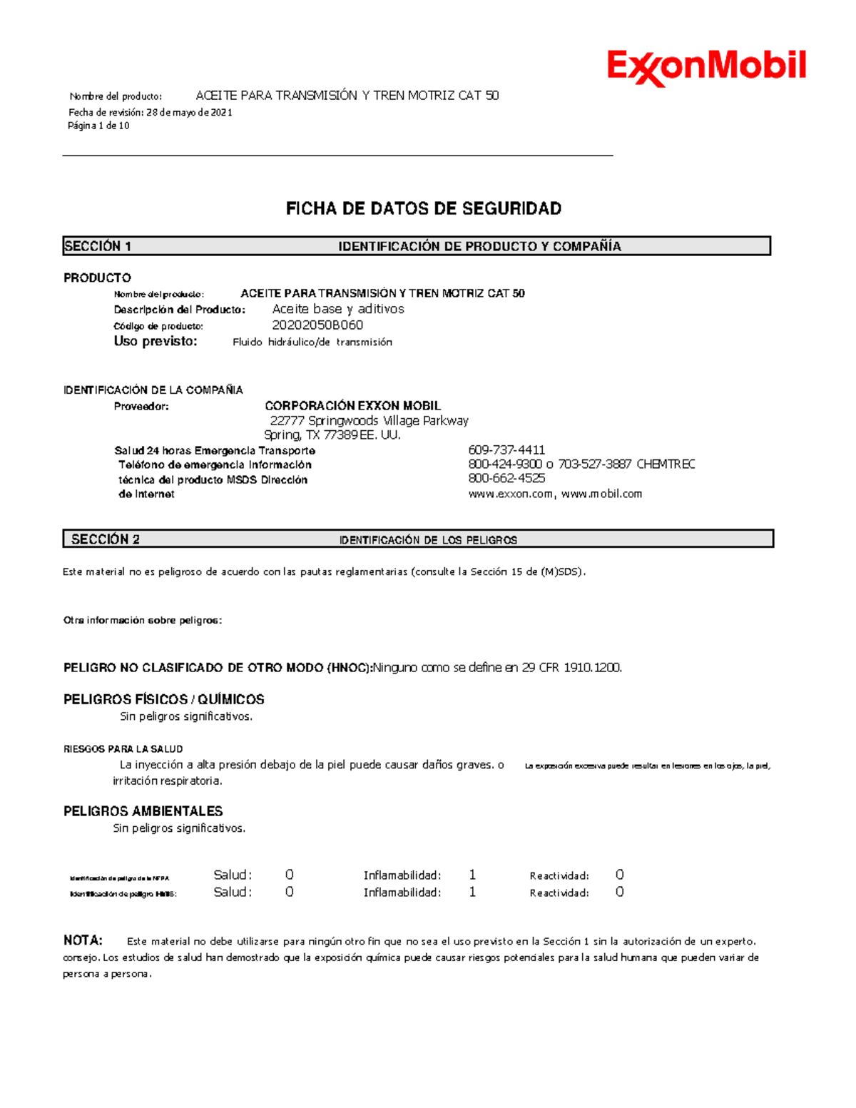 1. Exxon Mobil CAT Transmission AND Drive Train OIL 50 SECCIÓN 1