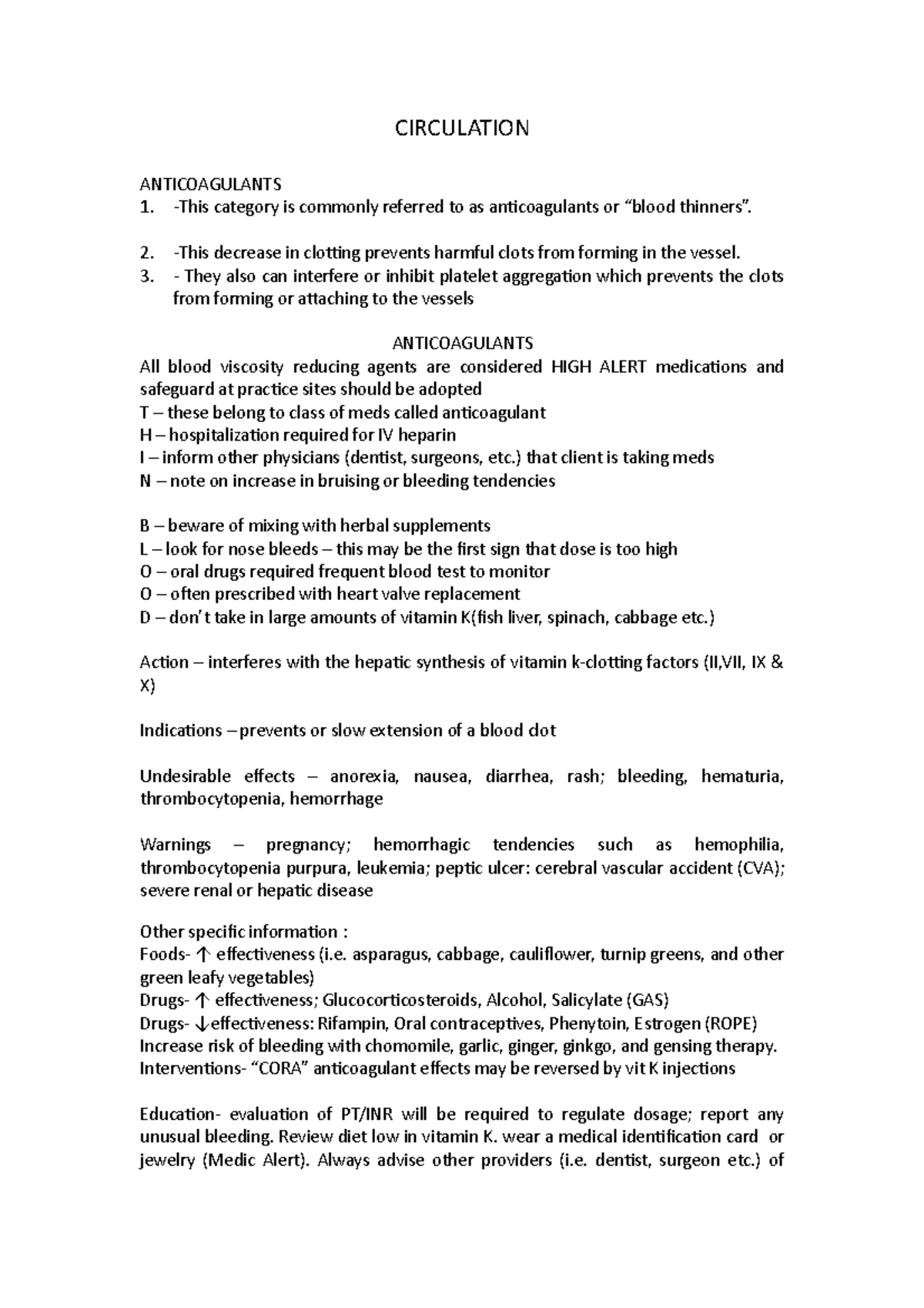 Circulation - NOTES - CIRCULATION ANTICOAGULANTS -This category is ...