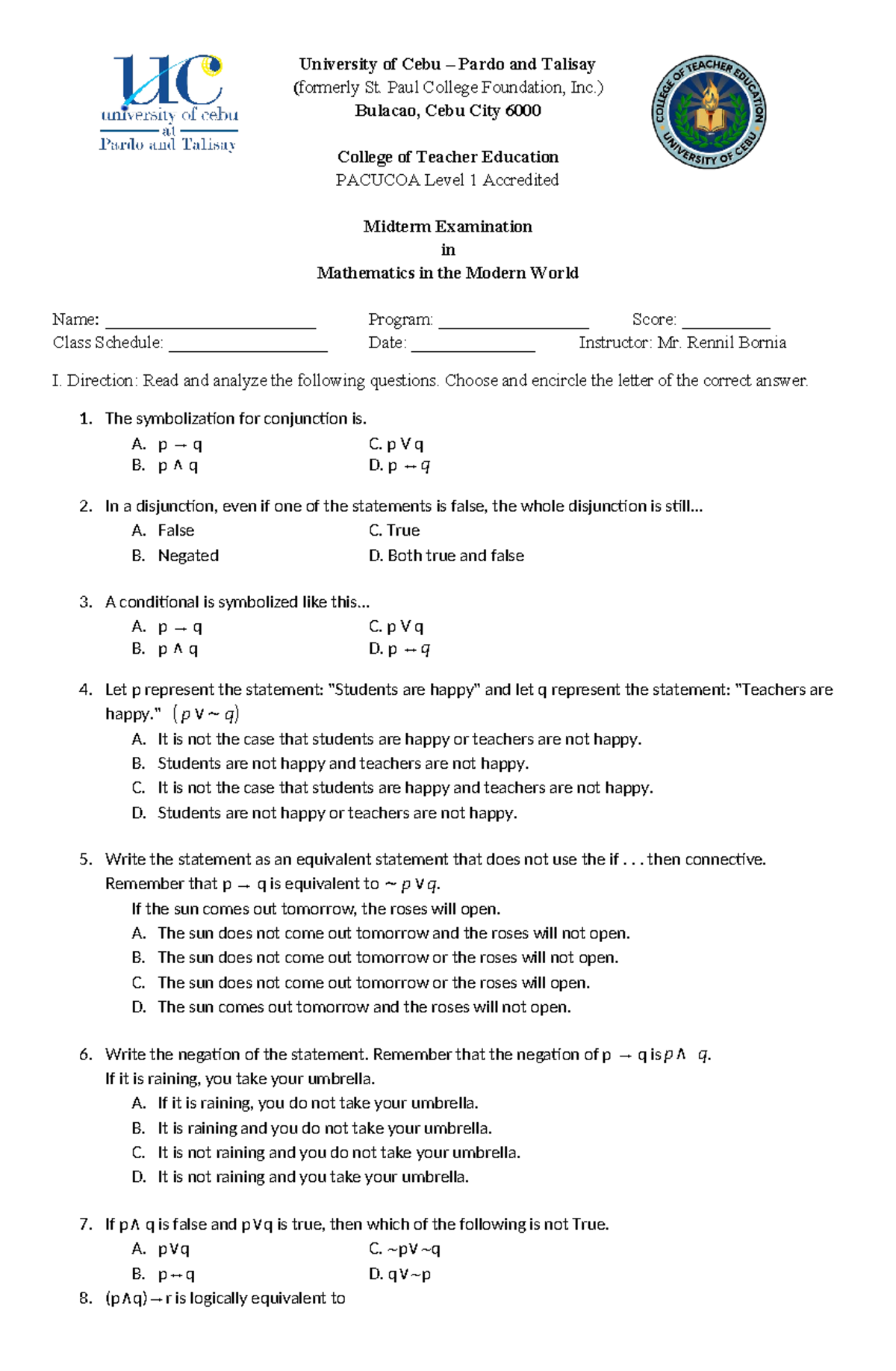 MMW Final Exam 2022 - Worksheets - University of Cebu – Pardo and ...