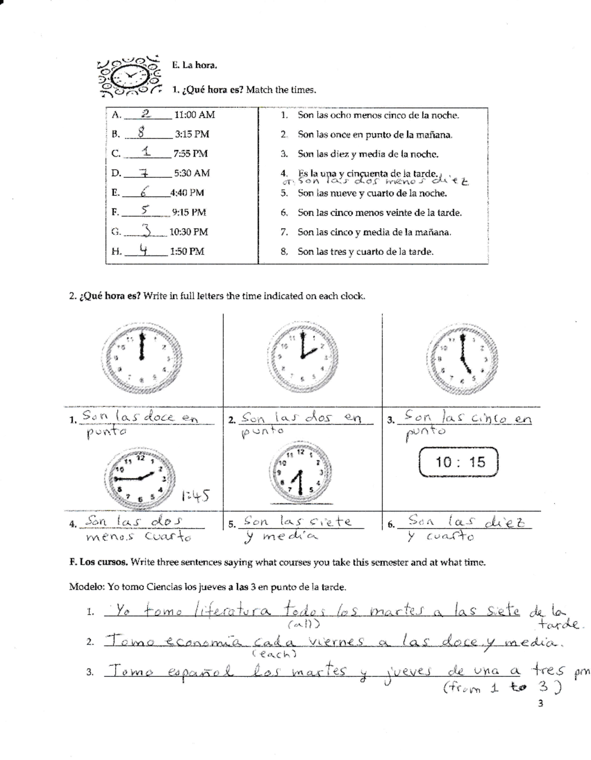 Practice For The 2nd Quiz - E^a Hora 1. AQu6 Hora Es? Match The Times ...