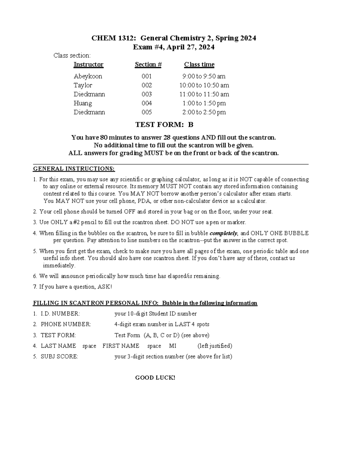 Exam4 1312 S24 v B Blank - CHEM 131 2 : General Chemistry 2 , Spring ...