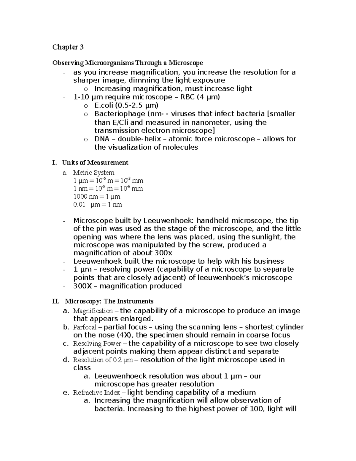 Bio 31. Chapter 3, Student Notes - Chapter 3 Observing Microorganisms ...