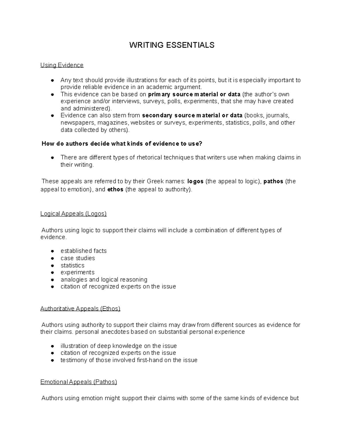 ENG 111 Notes Writing Essentials Part 2 WRITING ESSENTIALS Using Evidence Any text should