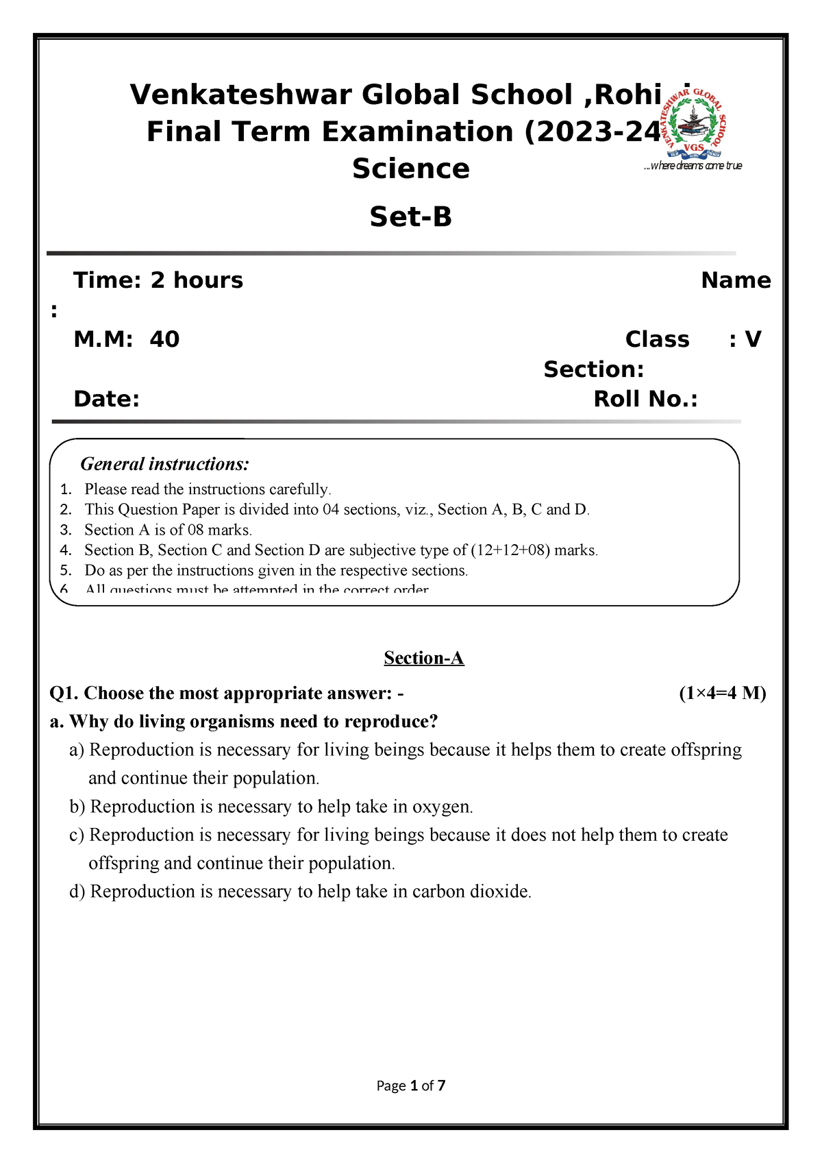 Final Term Paper Grade 5 Set B Venkateshwar Global School Rohini