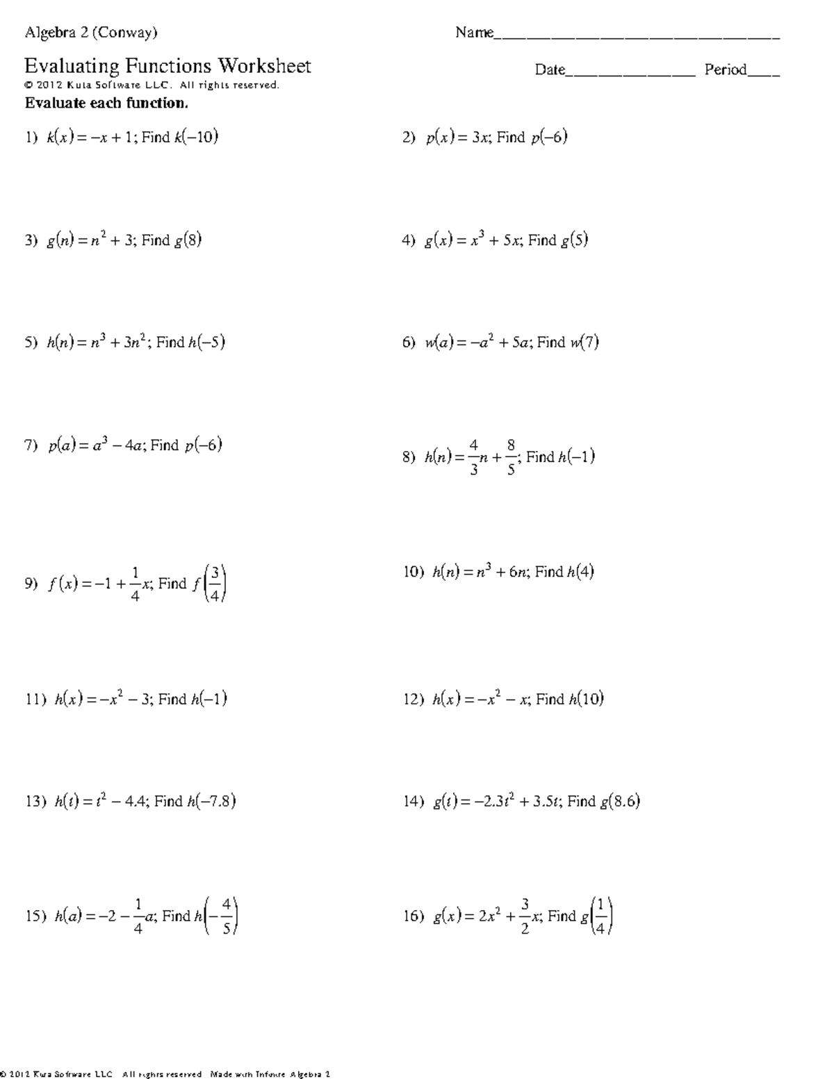 Evaluating Functions A - ©s w 2 Y 081 y 29 dKhujthaL qStoCfdtowSahr 5 ...