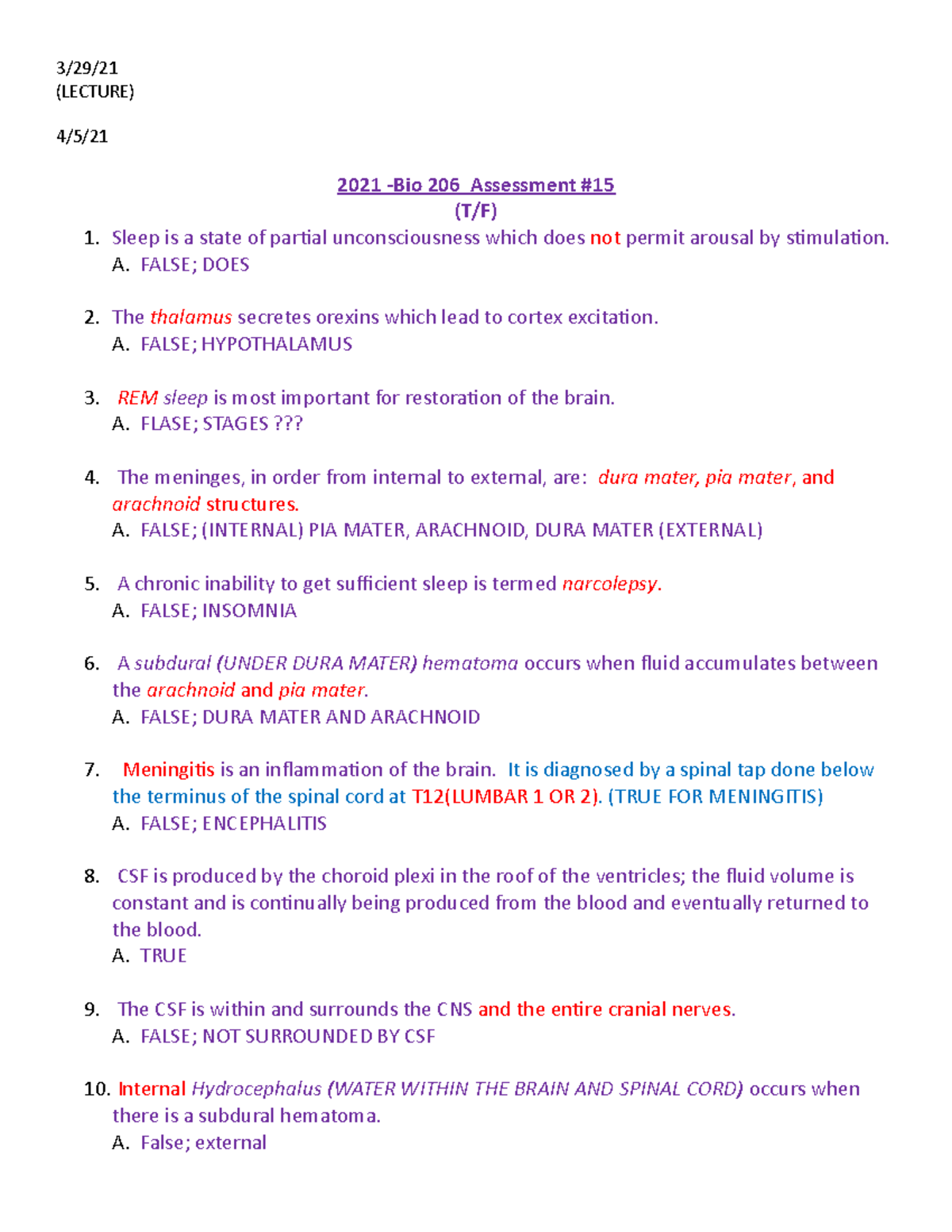 Exam 4 notes - Study Guide exam 4 - 3/29/ (LECTURE) 4/5/ 2021 -Bio 206 ...