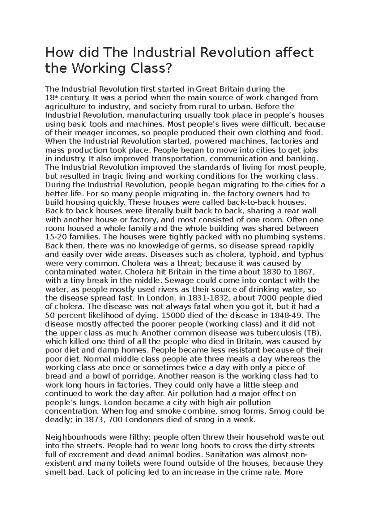 How did The Industrial Revolution affect the Working Class How did The Industrial Revolution