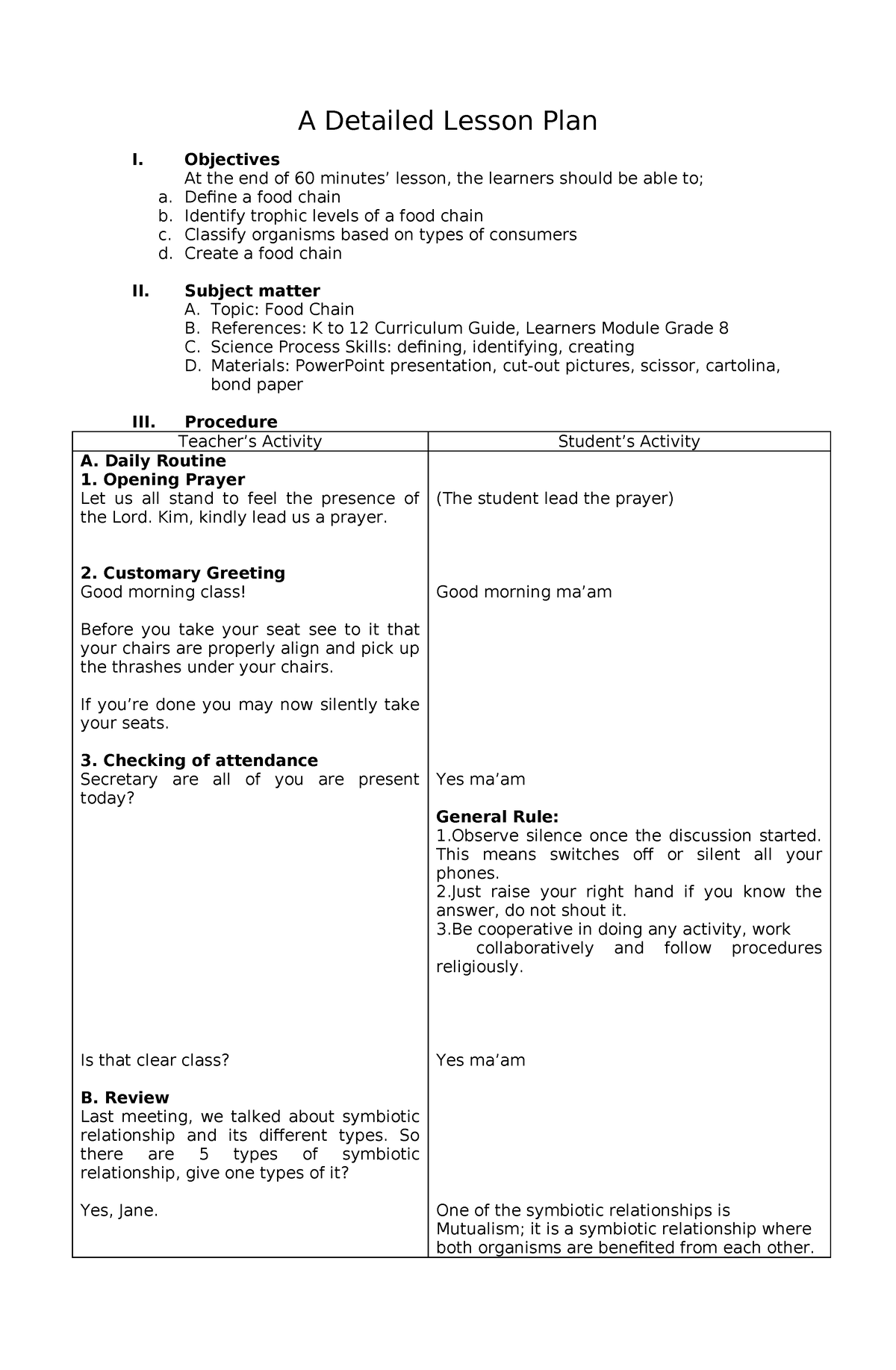 FOOD Chain - lecture - A Detailed Lesson Plan I. Objectives At the end ...