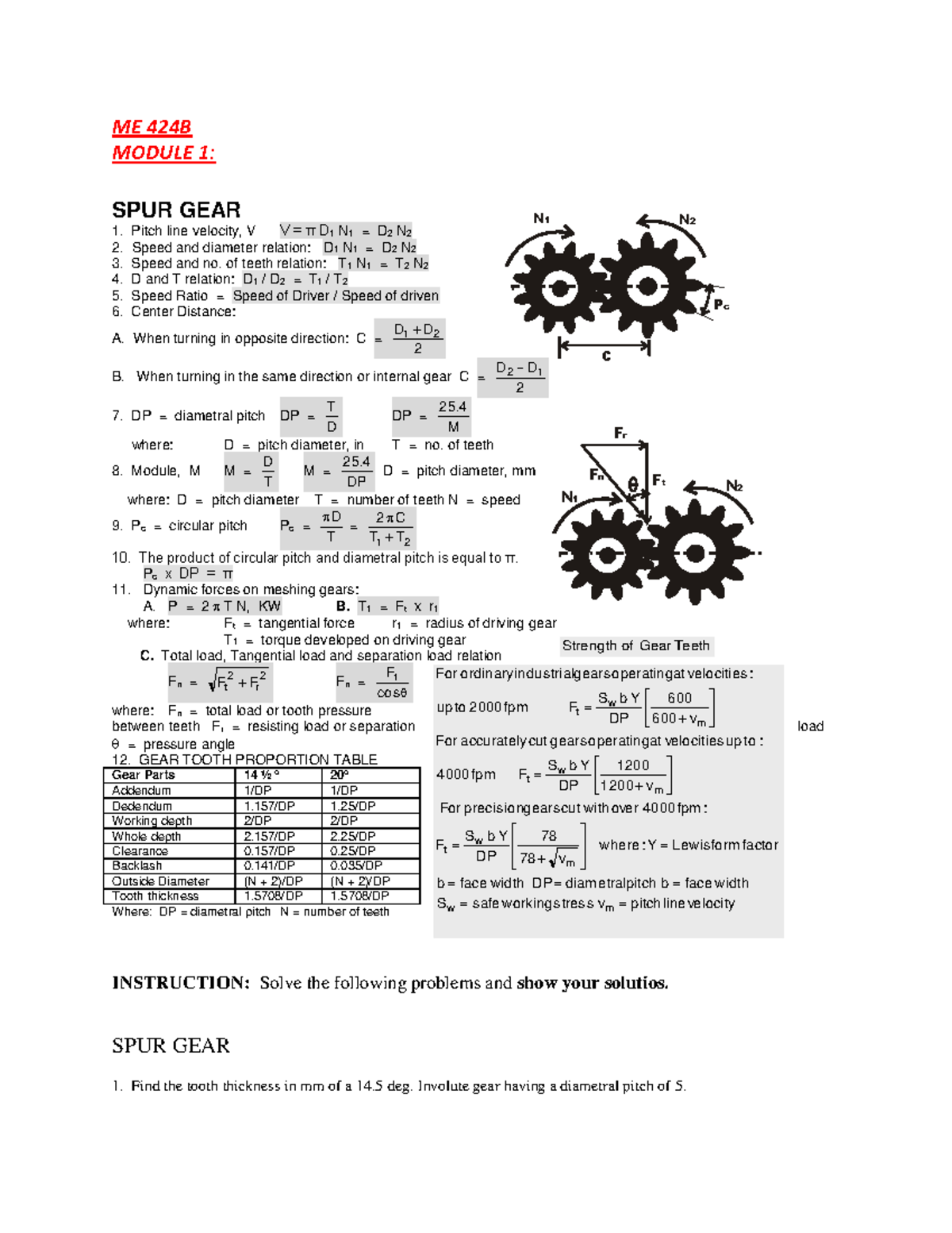 Pdfcoffee educational ME 424B MODULE 1 SPUR GEAR Pitch line