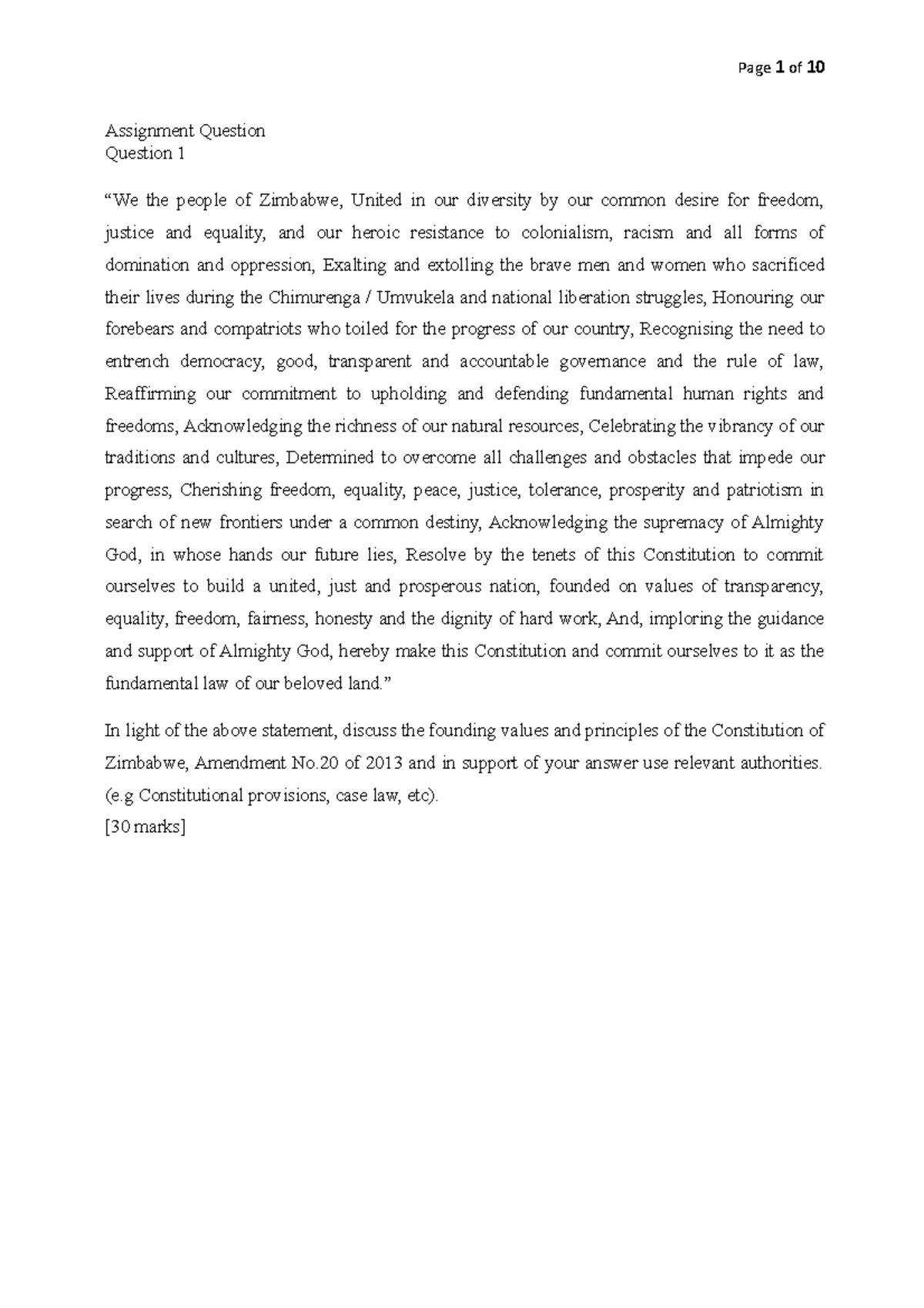 Foundations of Law(Founding Values and Principles) Assignment