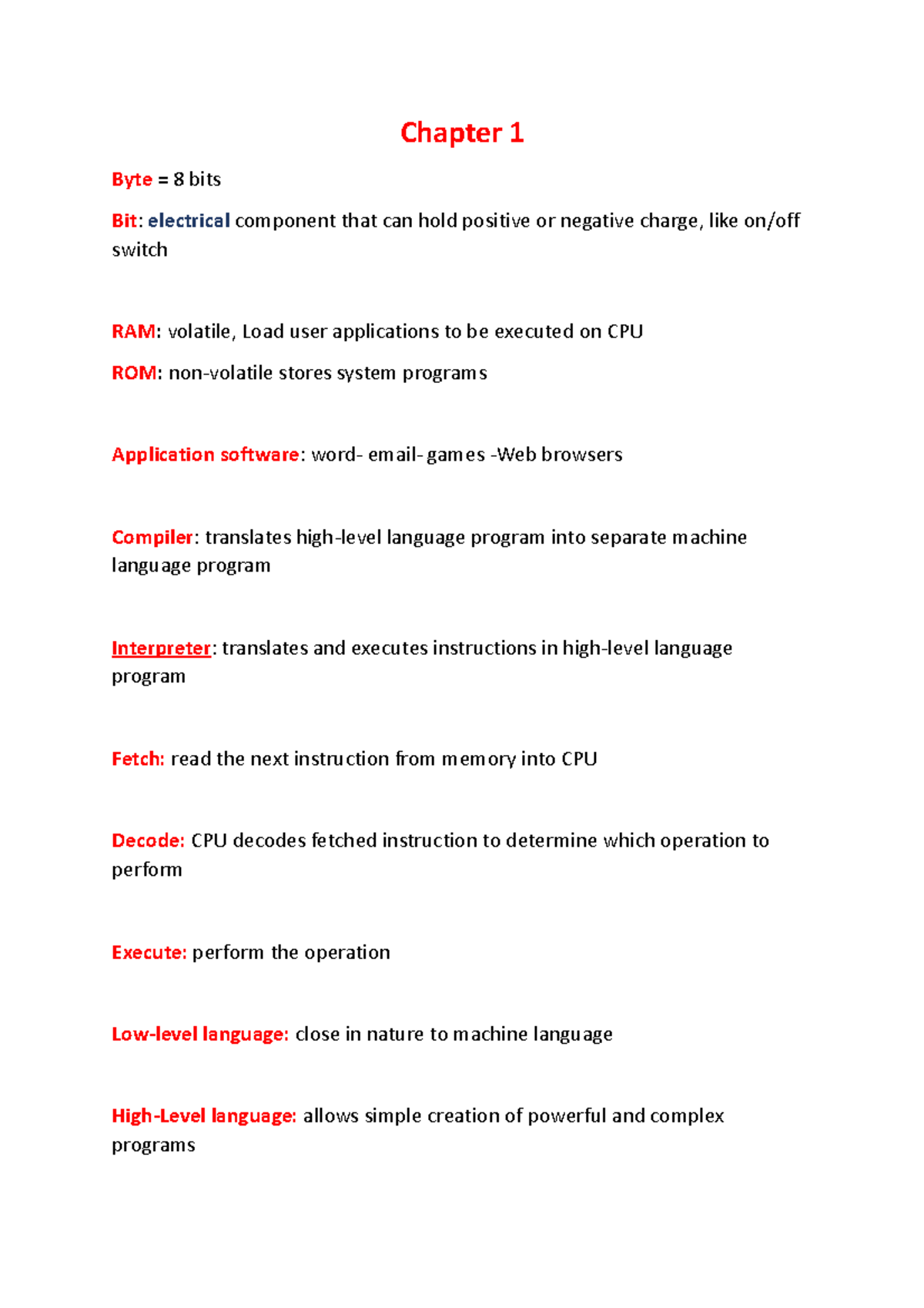 Summary (Auto Recovered) Chapter 1 Byte = 8 bits Bit electrical