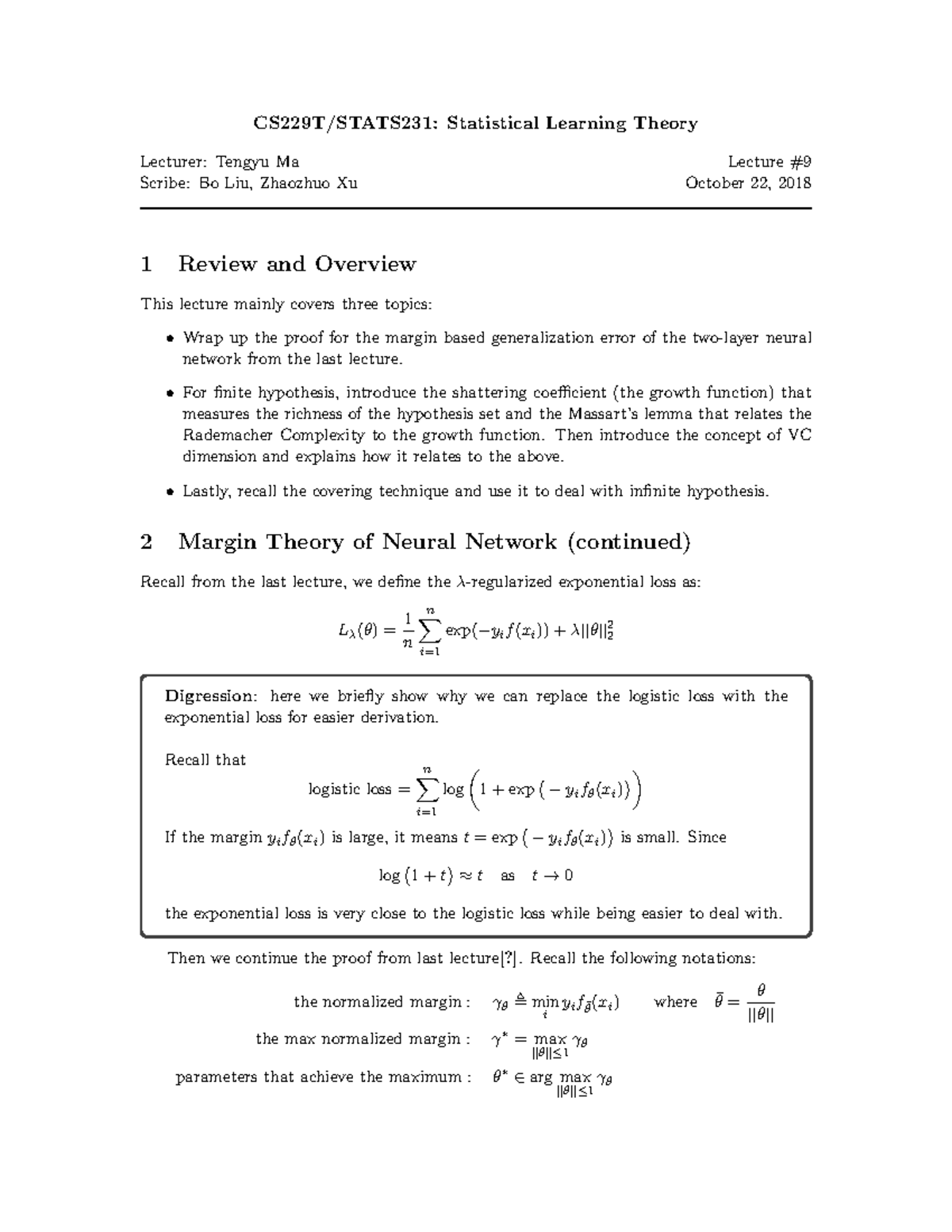 10 22 Final - Lecture Notes On Statistical Learning Theory - CS229T ...