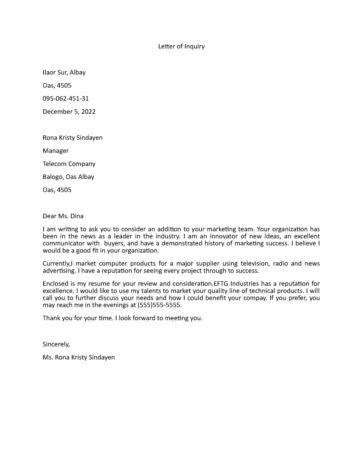 Purposive Communication - Letter of Inquiry Ilaor Sur, Albay Oas, 4505 ...