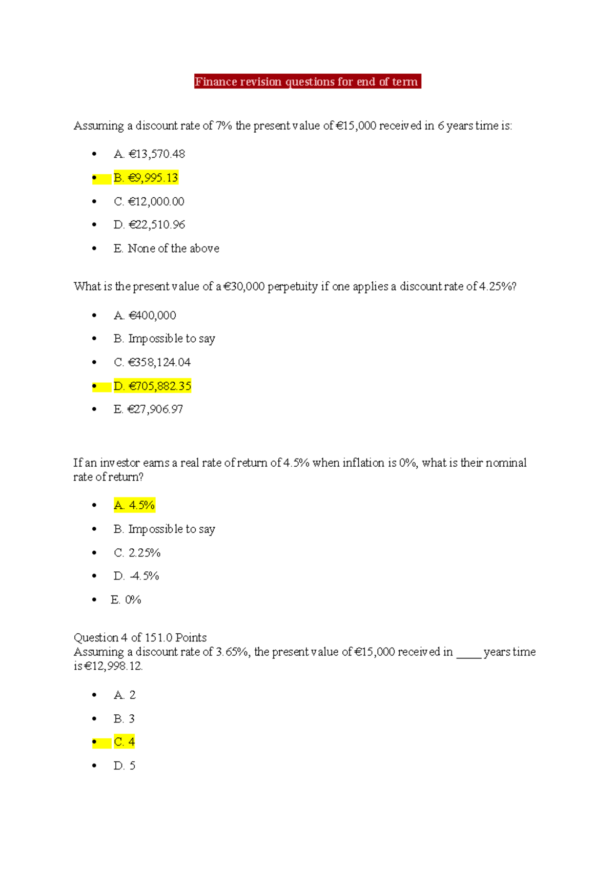 Finance Revision Questions For End Of Term B C D E