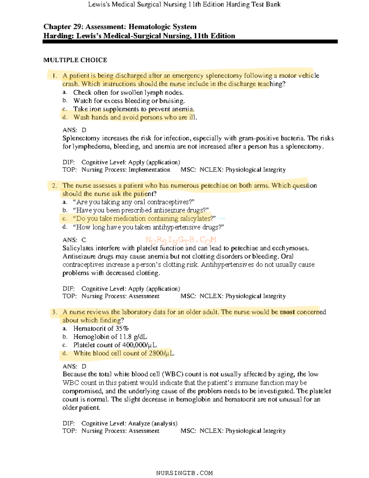 29 - None - NURSINGTB Chapter 29: Assessment: Hematologic System ...