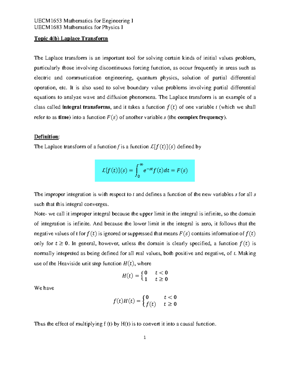 C4b Laplace Transform New UECM1683 Mathematics For Physics I Topic 4 