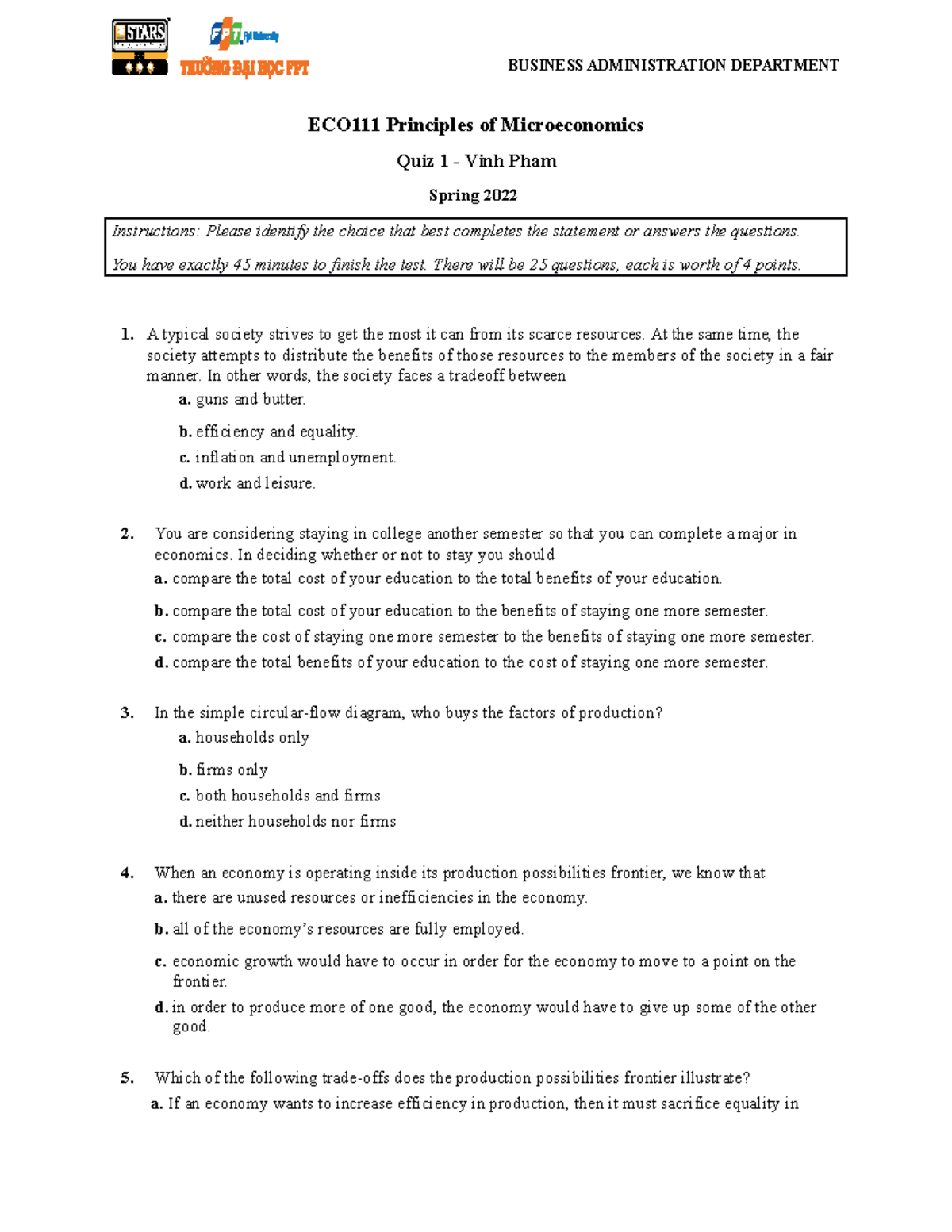 Micro Quiz 1 SU 2022 - ECO111 Principles of Microeconomics Quiz 1 ...