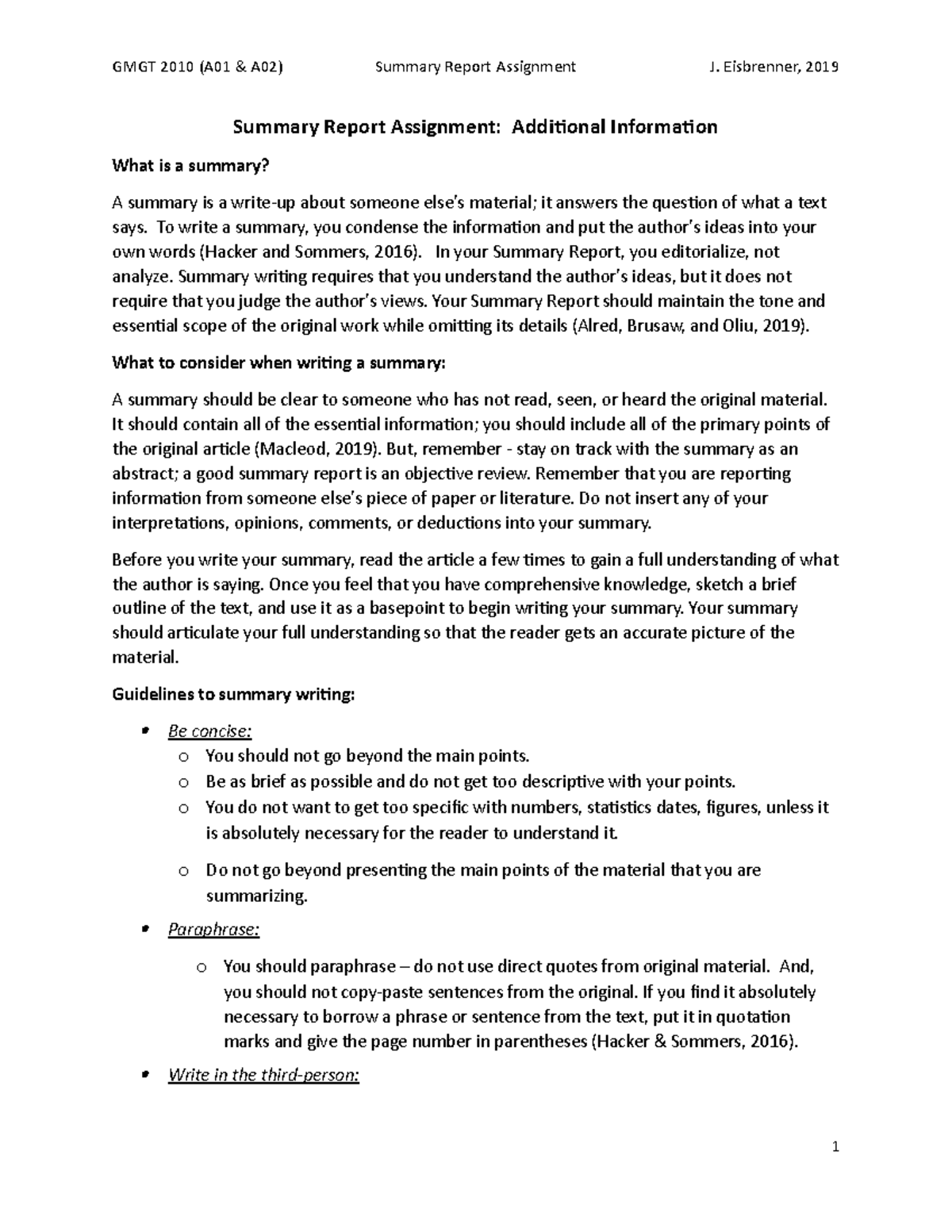 Summary Report Assignment - Additional information - GMGT 2010 (A01 ...