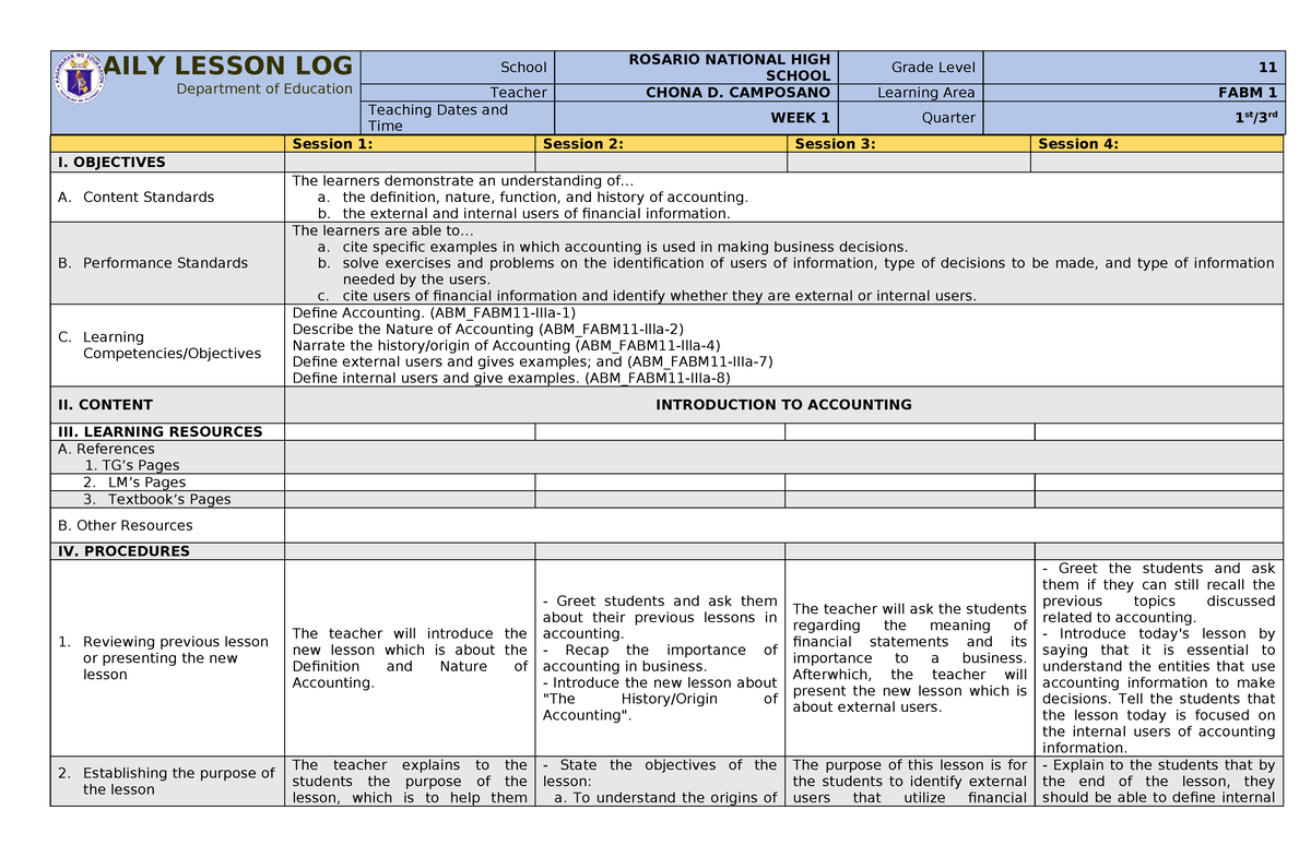 FABM 1 Quarter 1 WEEK 1 - Daily Lesson Log - DAILY LESSON LOG ...