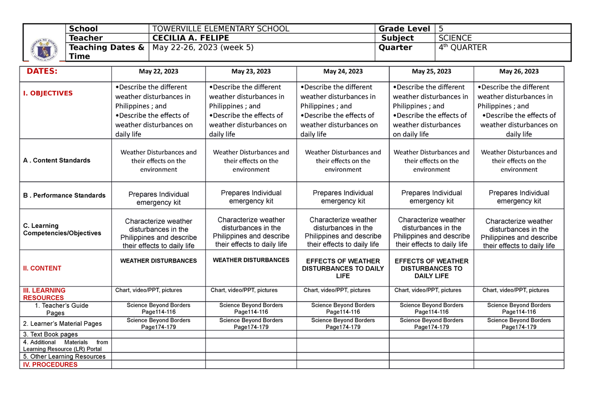 WEEK5 DLL Science Q4 - lesson plan - School TOWERVILLE ELEMENTARY ...