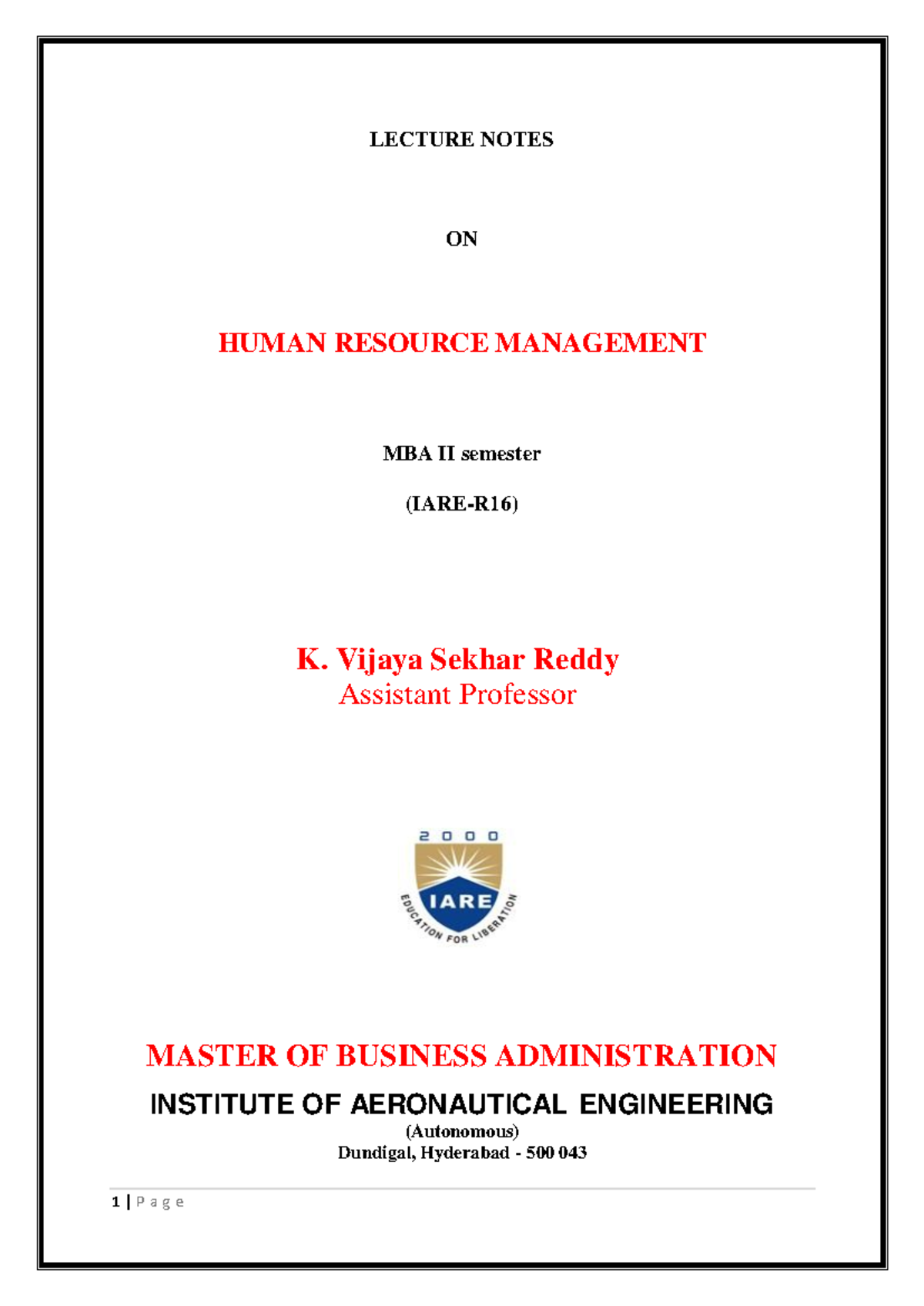 IARE HRM Notes - Human Resource Management Handwritten - LECTURE NOTES ...