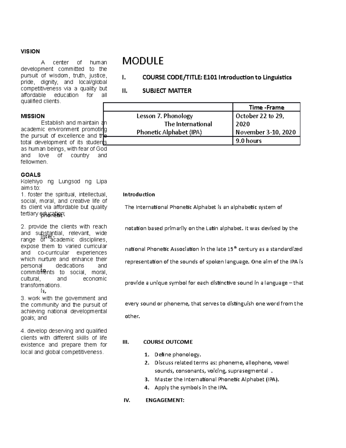Module Linguistics November DOCUMENT TYPE COLLEGE - MODULE I. COURSE ...