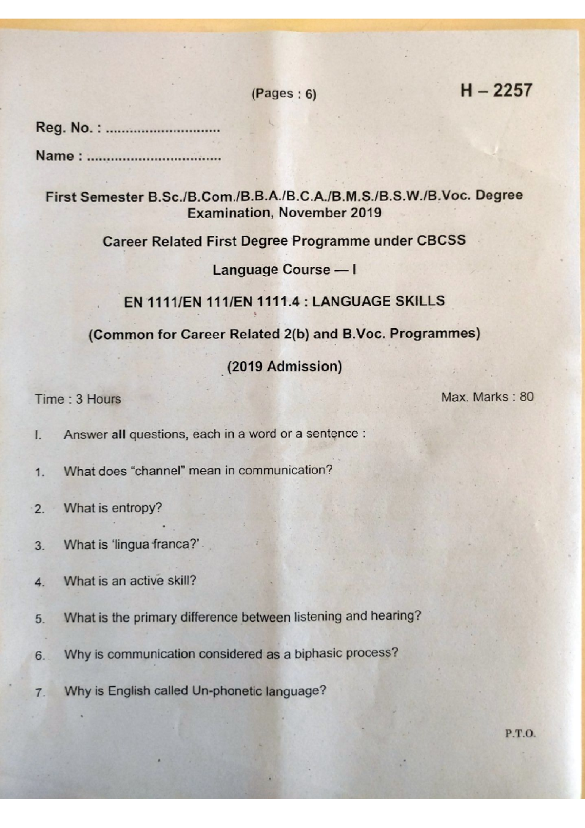 BCOM S1 English - Notes - (Pages : 6) H 2257 First Semester Degree ...