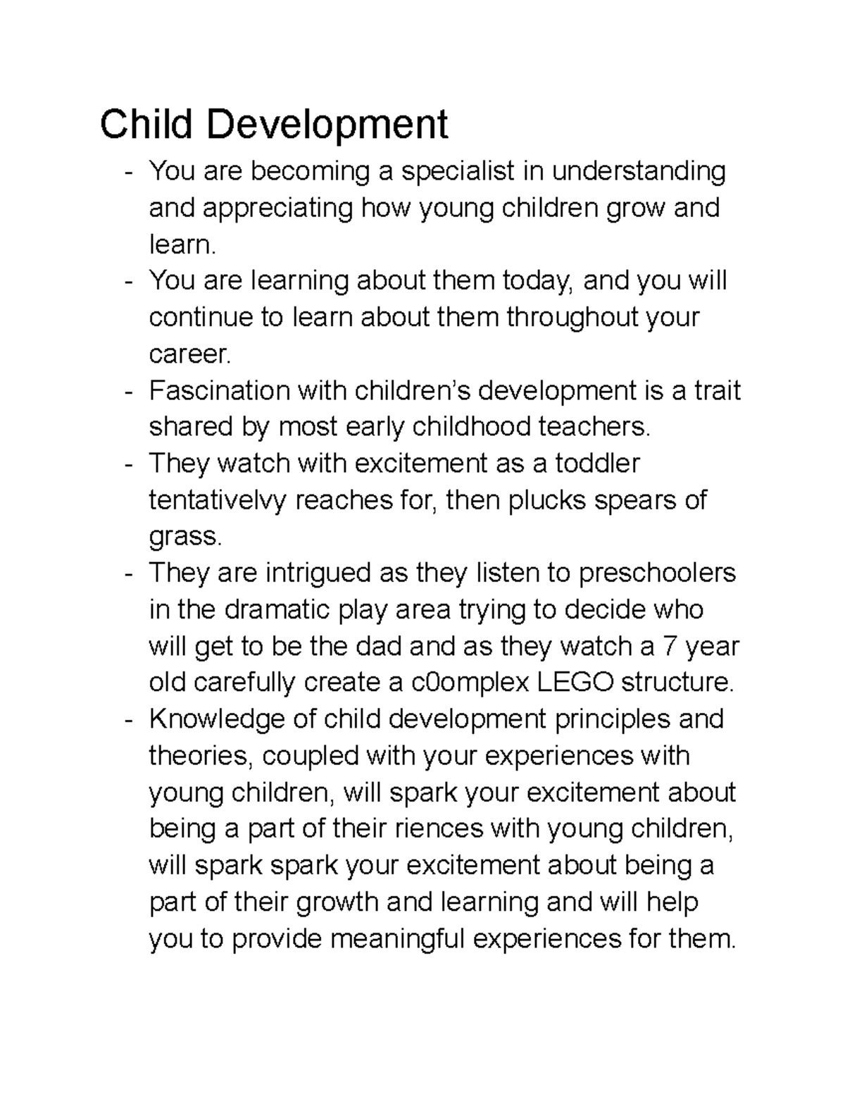 Child Development - Child Development You are becoming a specialist in ...