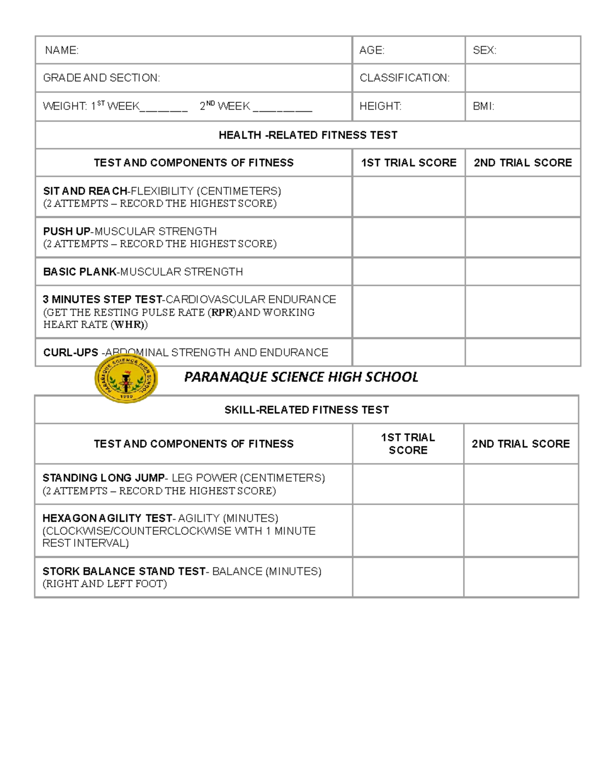 Physical Fitness Test Card 2023 2024 Name Age Sex Grade And Section Classification Weight 1589