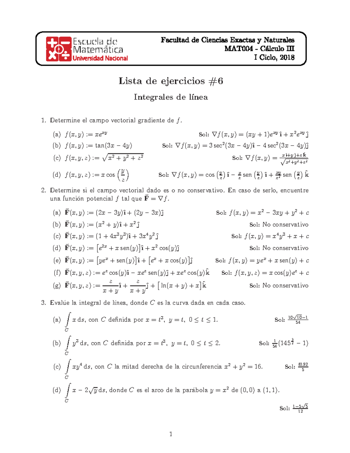 Lista De Ejercicios 6 Integrales De Linea Studocu