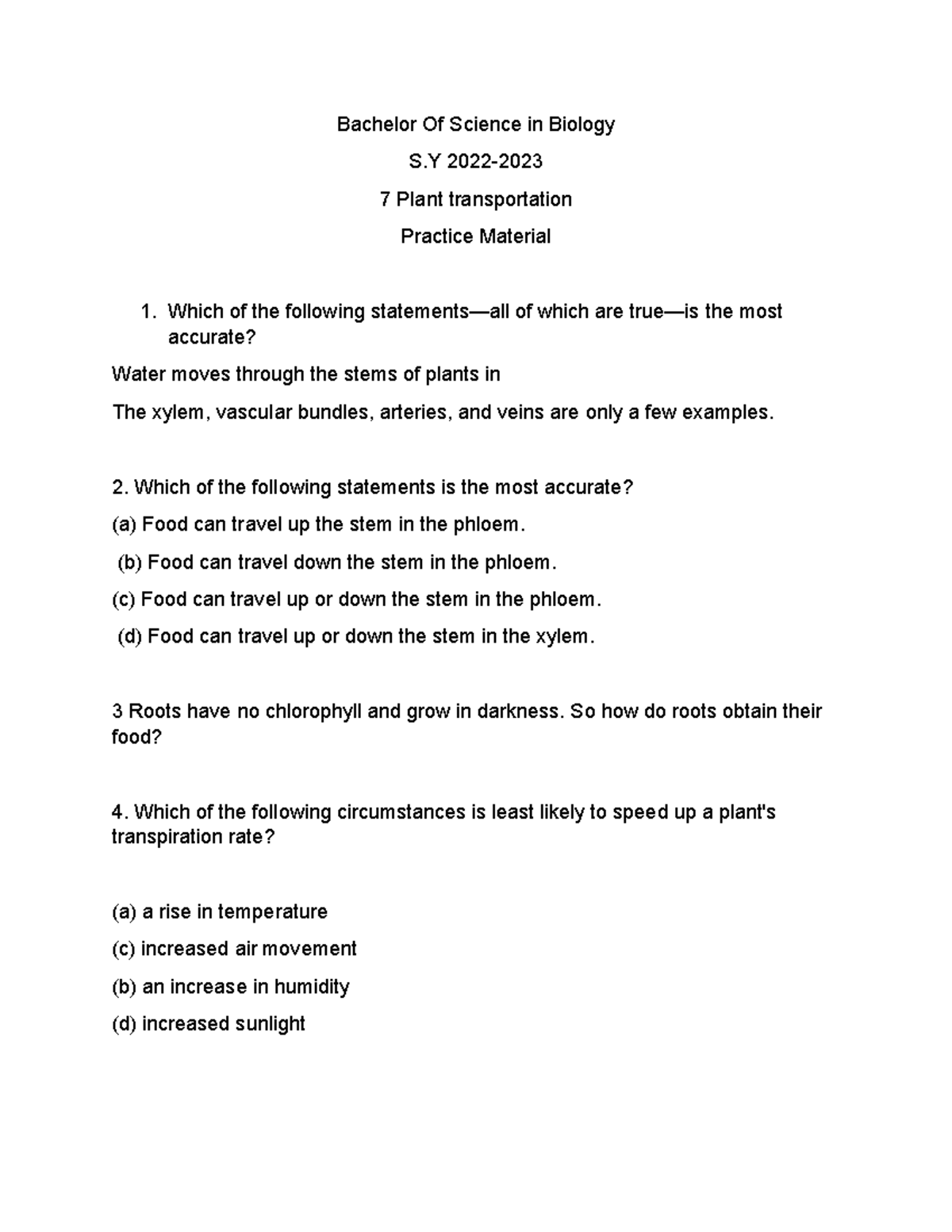 Bachelor Of Science in Biology 7 Plant transportation Practice Material ...