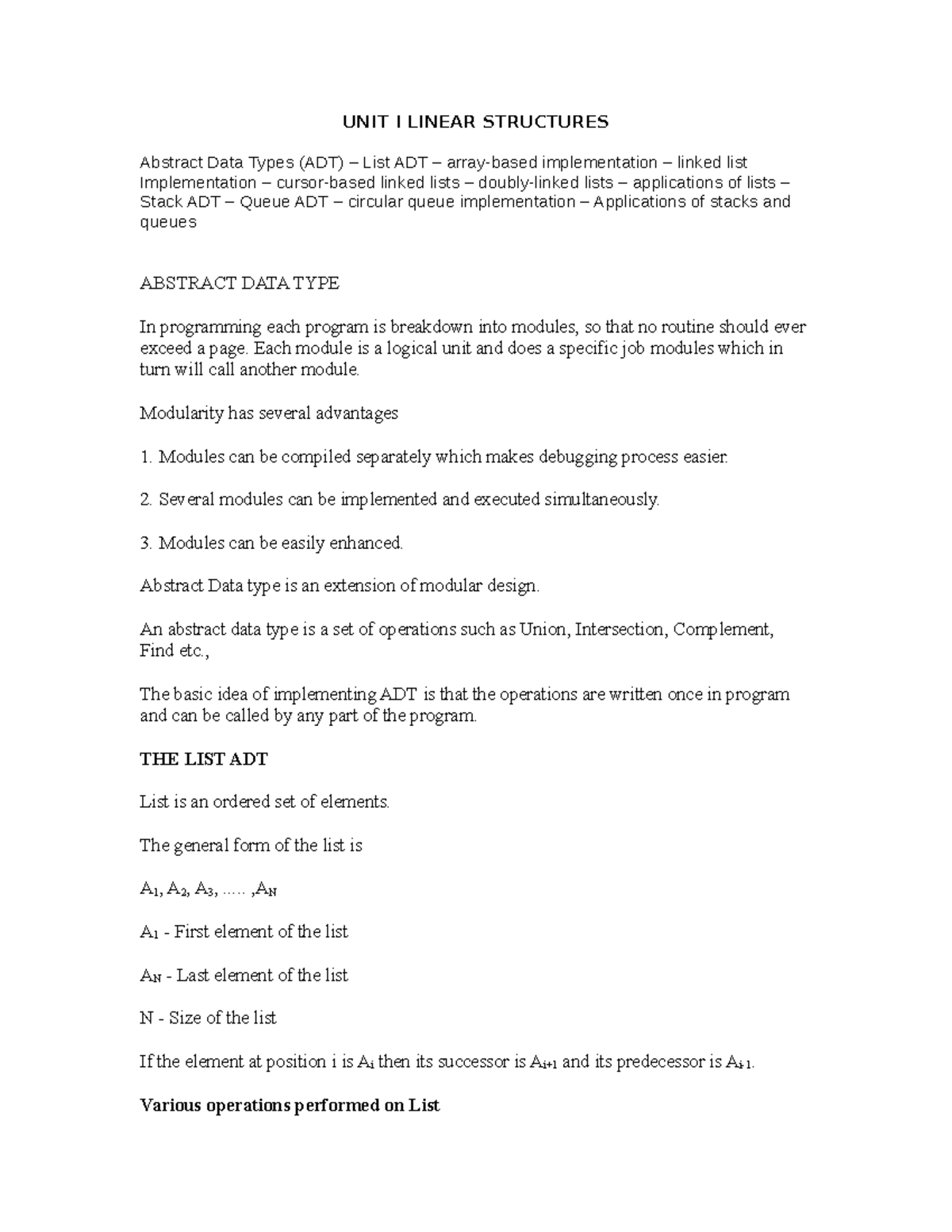 Data Structure local author - UNIT I LINEAR STRUCTURES Abstract Data ...