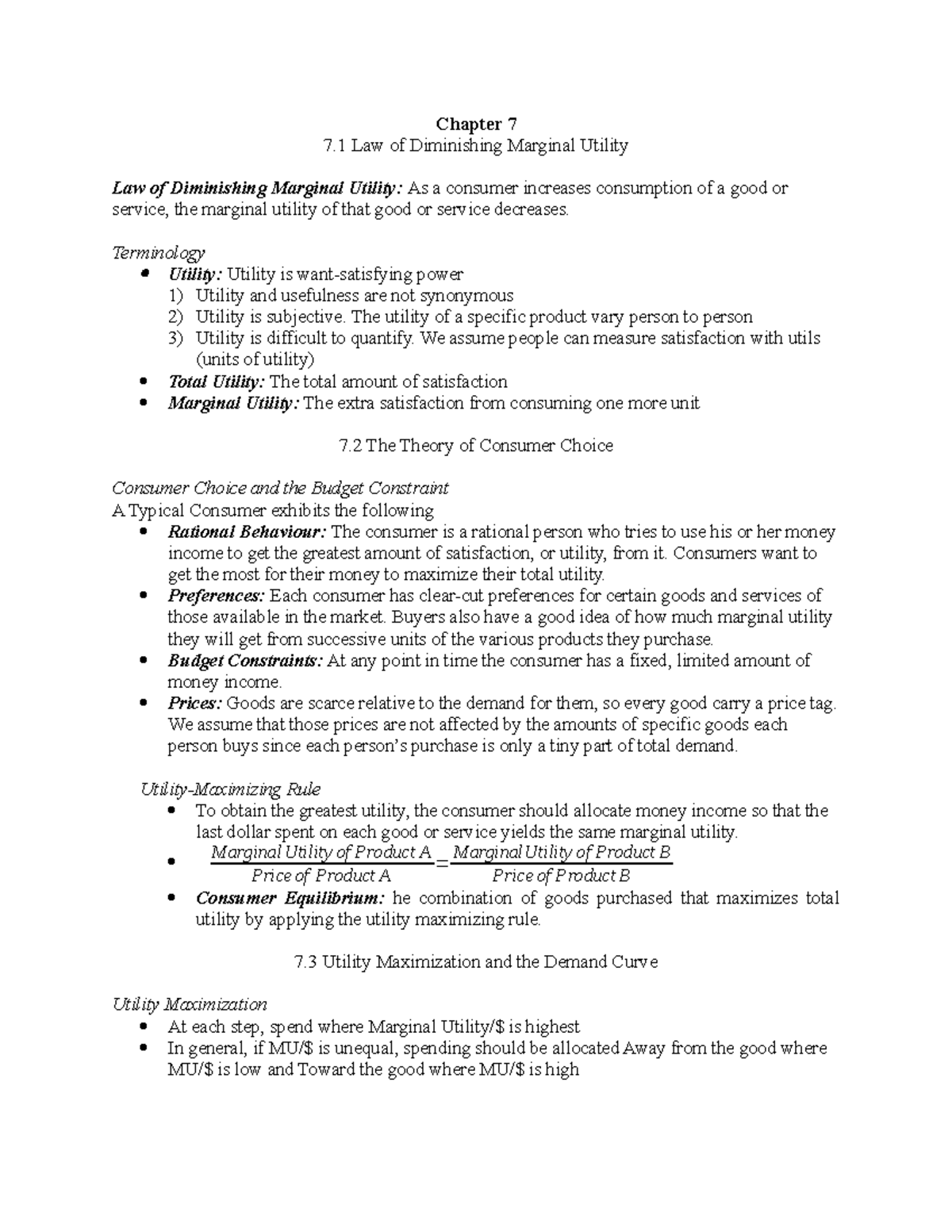 ECN 104 Chapter 7 - Summary Microeconomics - Chapter 7 7 Law of ...