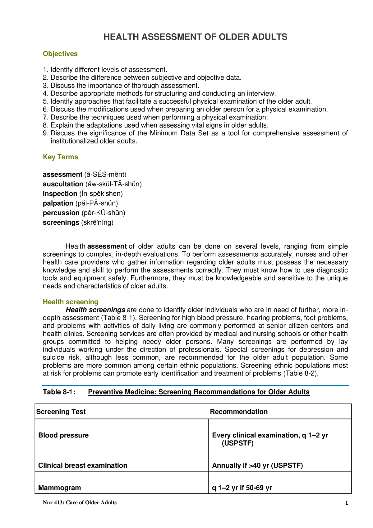 Health Assessment of Older Adults HEALTH ASSESSMENT OF OLDER ADULTS