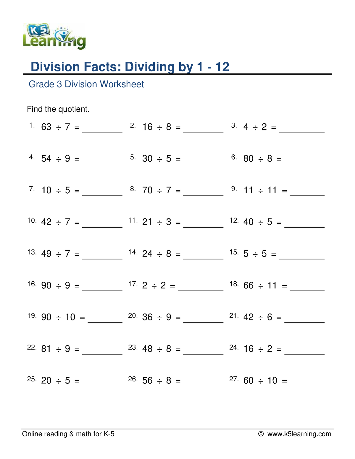 Grade 3 division facts 1 to 12 a - Online reading & math for K-5 ...