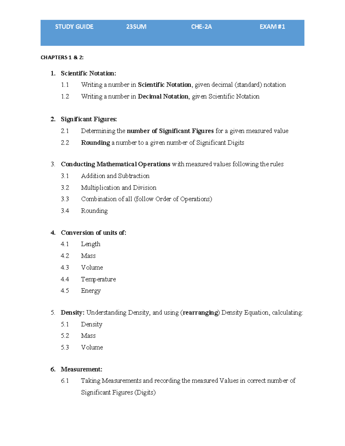 Study+ Guide EXAM+%231 CHEM+2A Summer+2023 - CHE 2A - RCC - Studocu