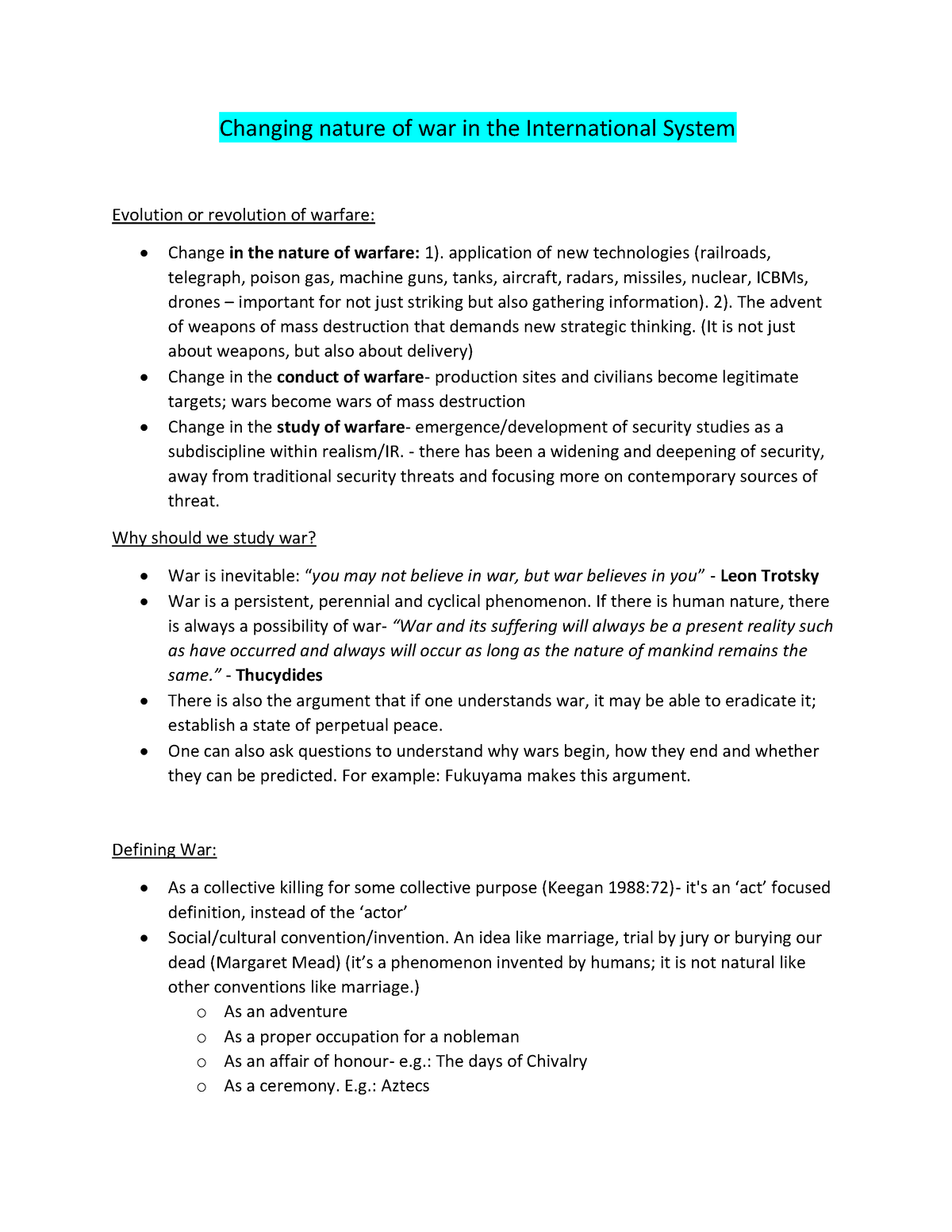 Changing Nature OF WAR - Lecture Notes 14 - Changing Nature Of War In ...