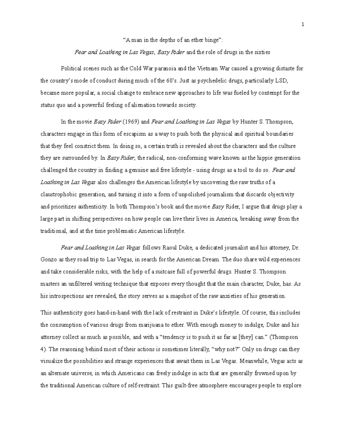 Essay Comparing Easy Rider 1969 To Fear And Loathing In Las Vegas By Hunter S Thompson Man In The Depths Of An Ether Binge Fear And Loathing In Las Vegas Studocu