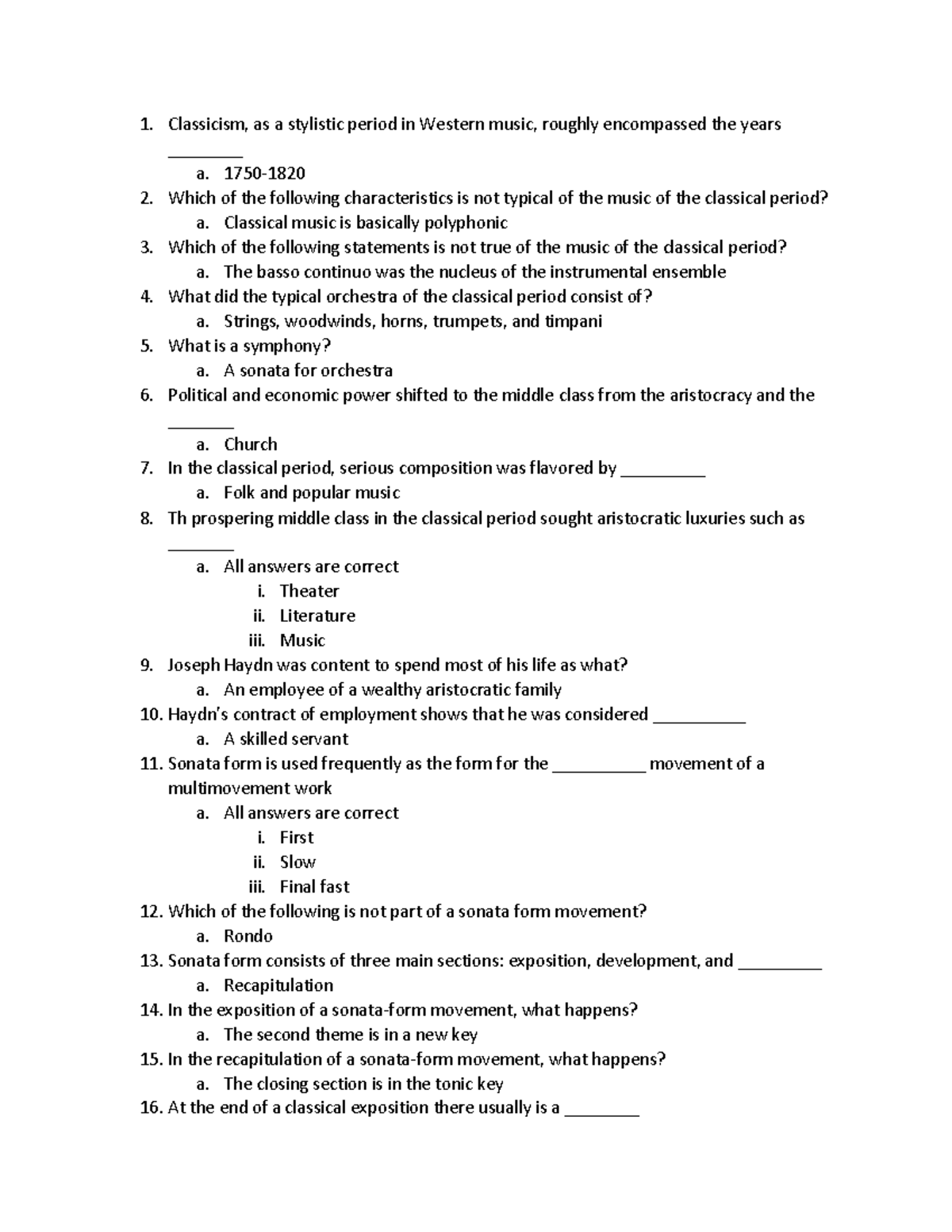 Week 4 Questions - Classicism, as a stylistic period in Western music ...